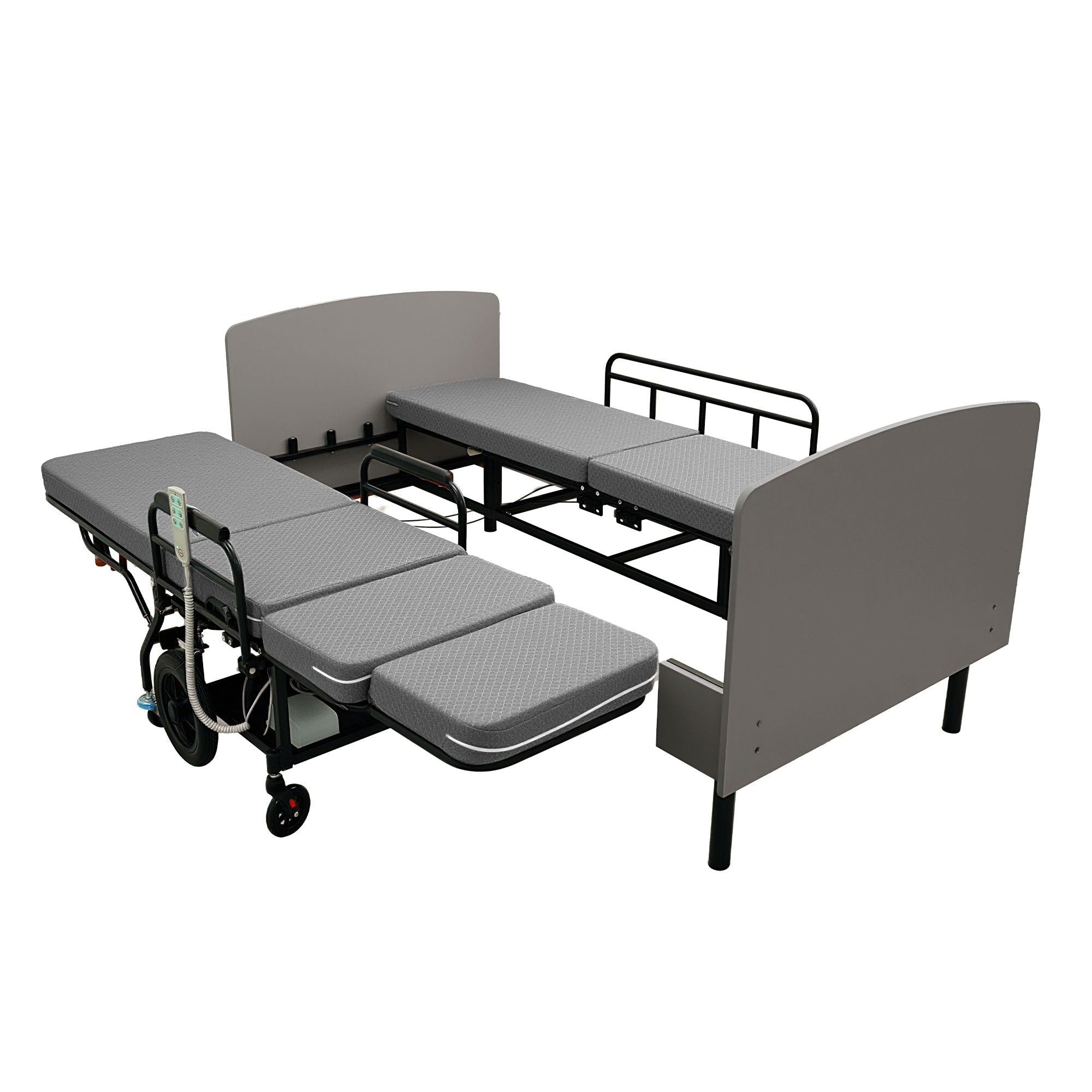 Dual Motor 3 In 1 Electric Nursing Bed Convertible To Wheelchair & Stretcher - Gray