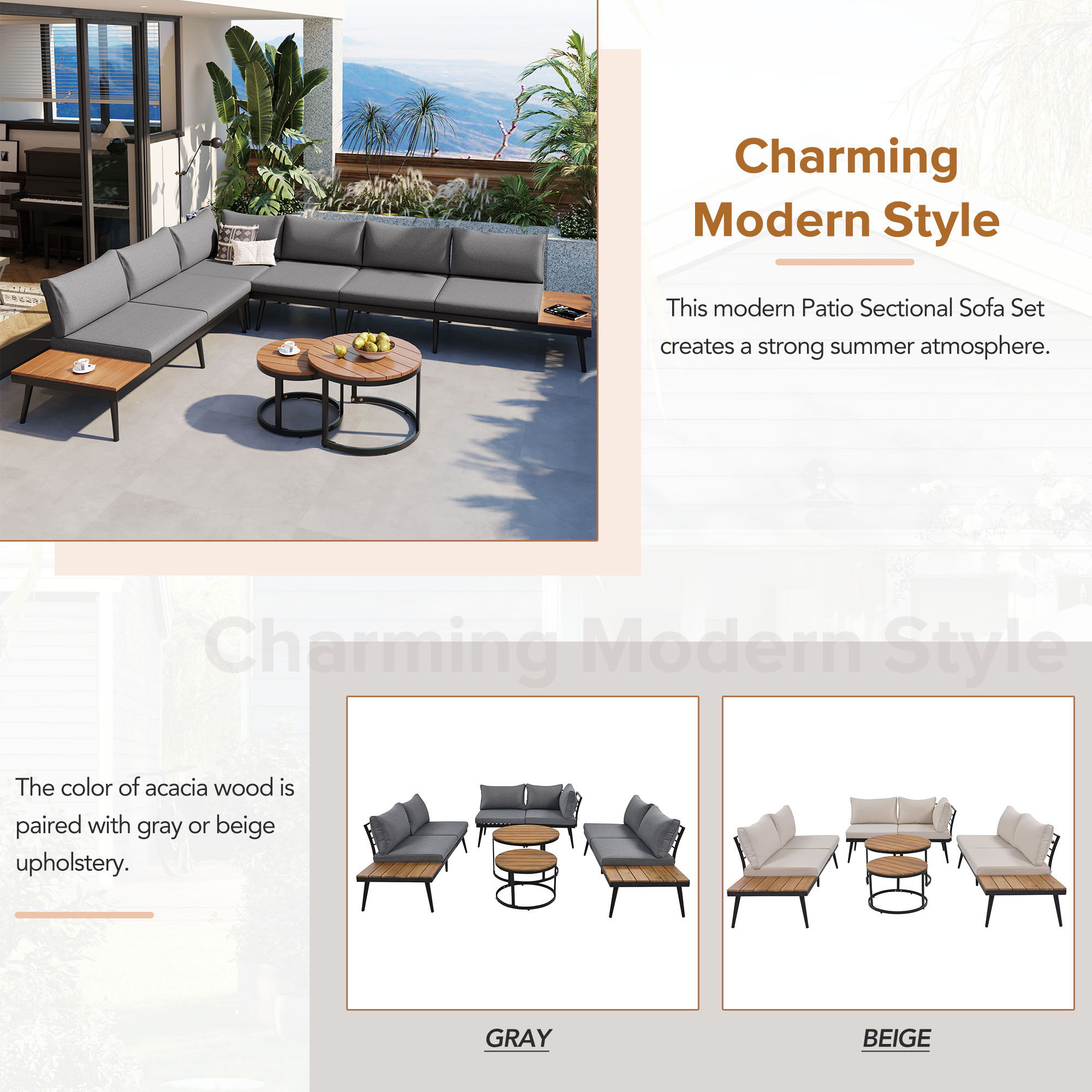 Modern Outdoor Sectional Sofa Set With Nesting Coffee Tables