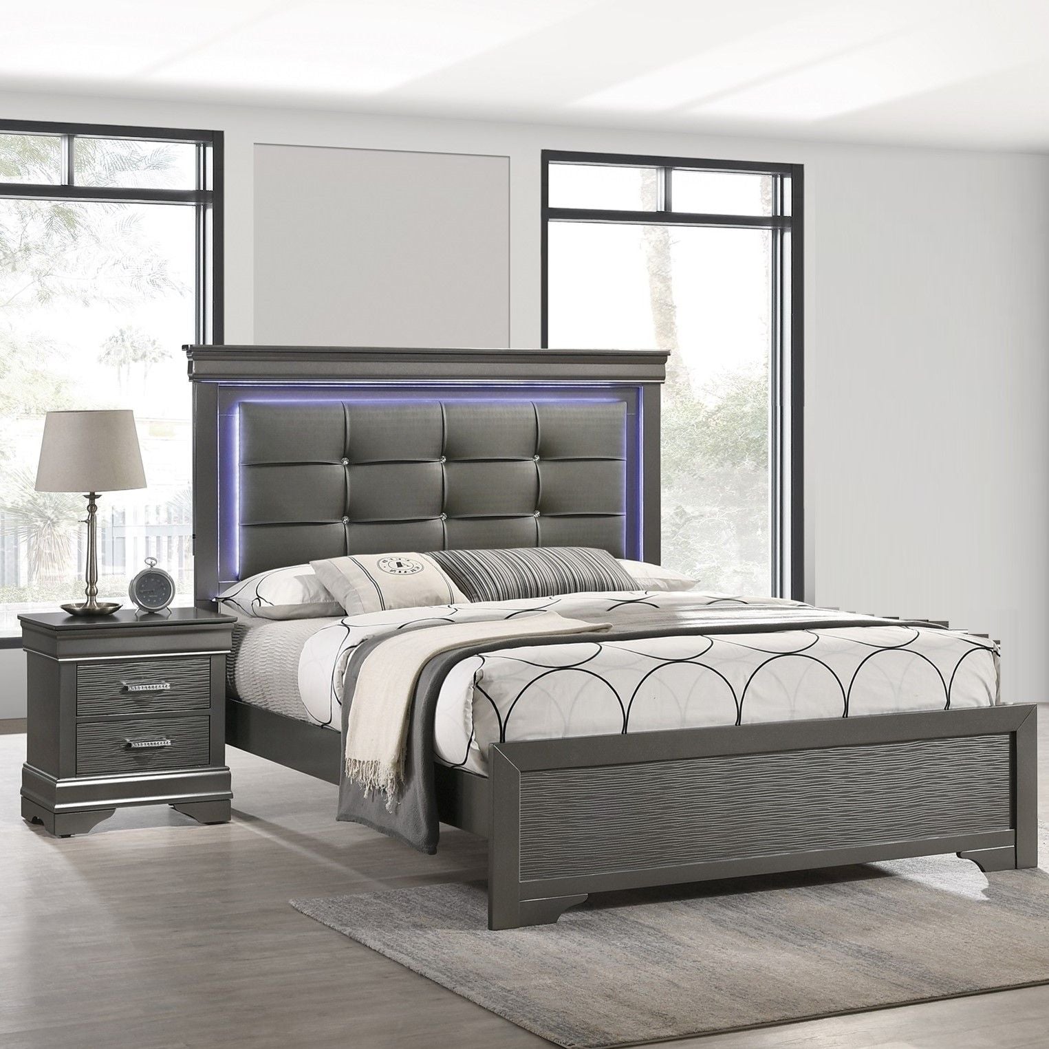 Bed With Square Button Tufting And LED Lights