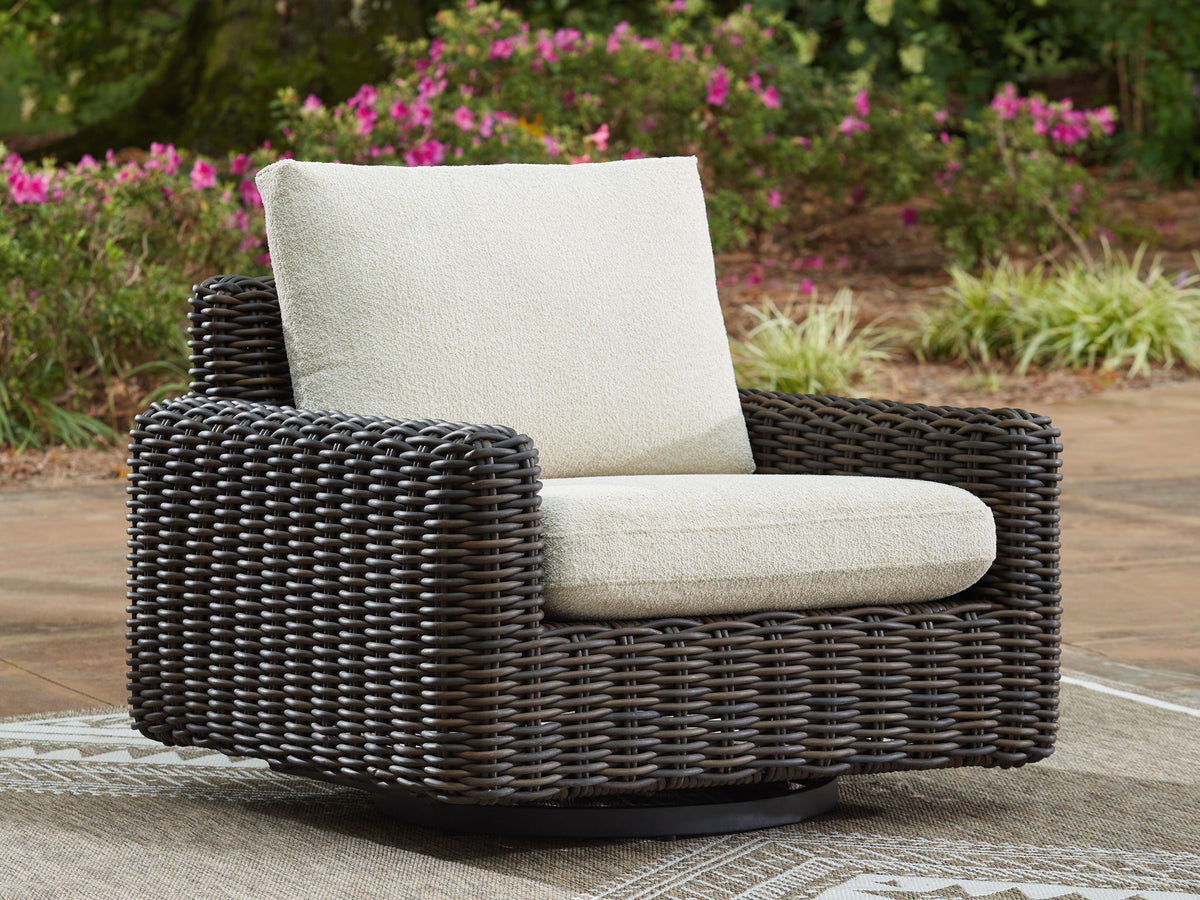 Kimora - 7 Pc. - 4-Piece Outdoor Sectional, Swivel Glider Lounge, Cocktail Table, End Table - Beige / Dark Brown