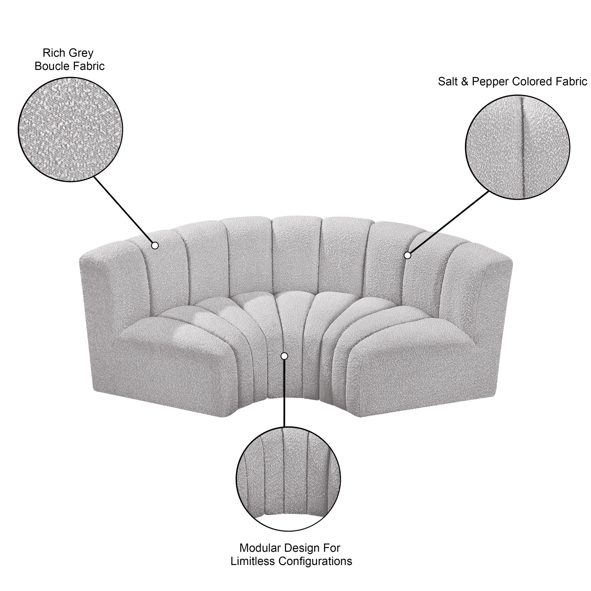 Arc - Boucle Fabric 3 Piece Modular U-Shaped Sofa