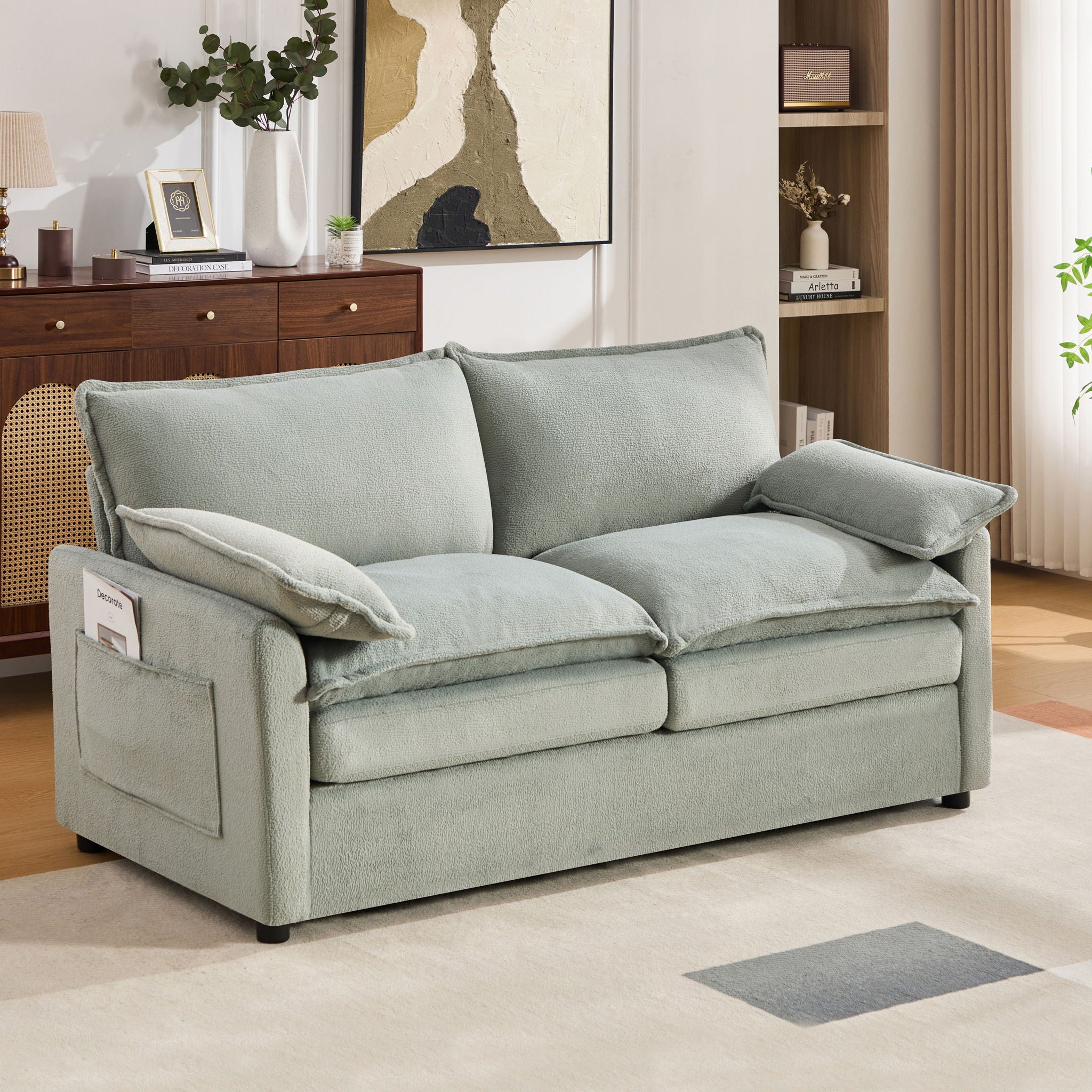 Modern Loveseat Sofa, Upholstered Couch With Side Storage Pockets