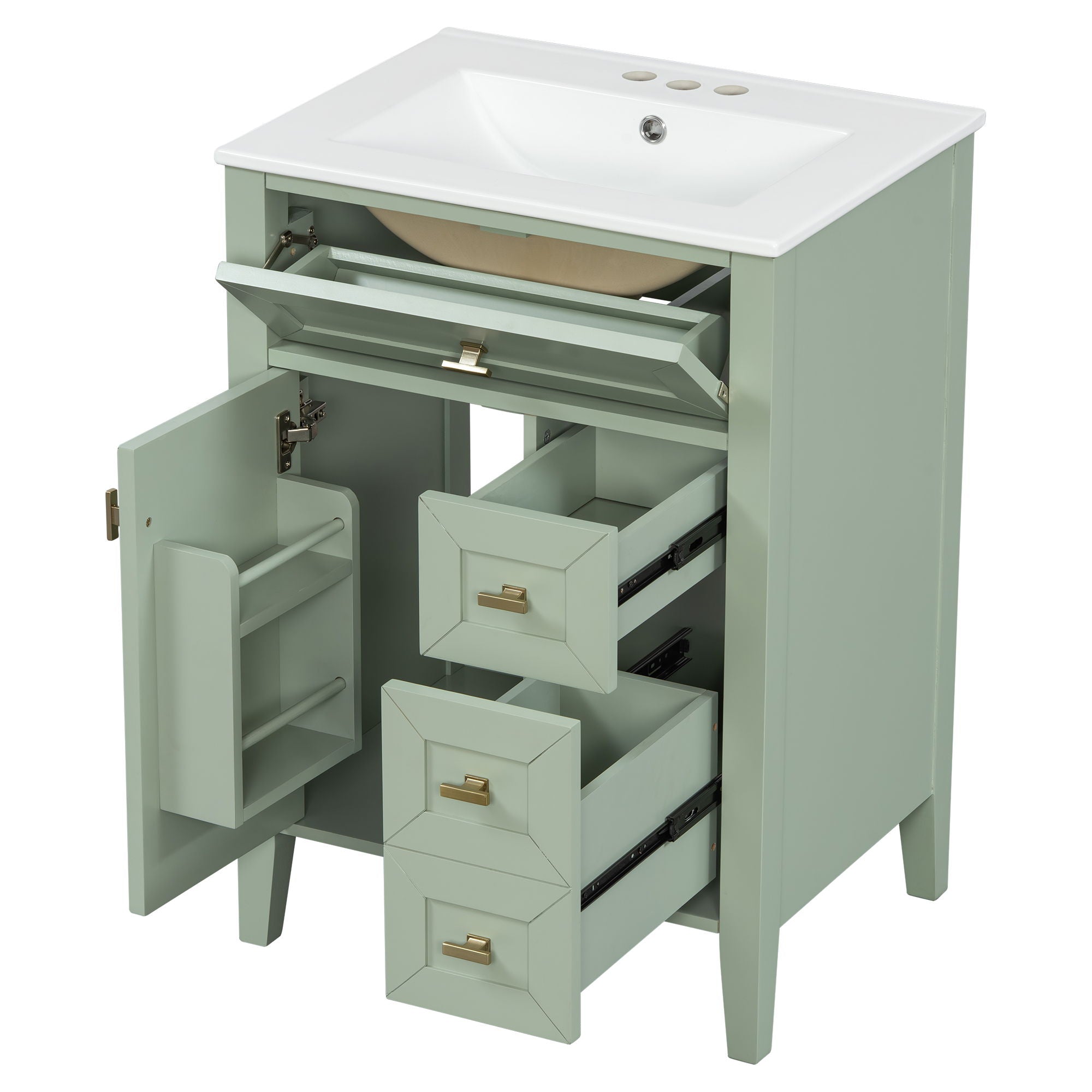 Bathroom Vanity With Sink, 3 Drawers & Cabinet With 2 Tier Door Storage Rack, Soft Close Doors & Drawers