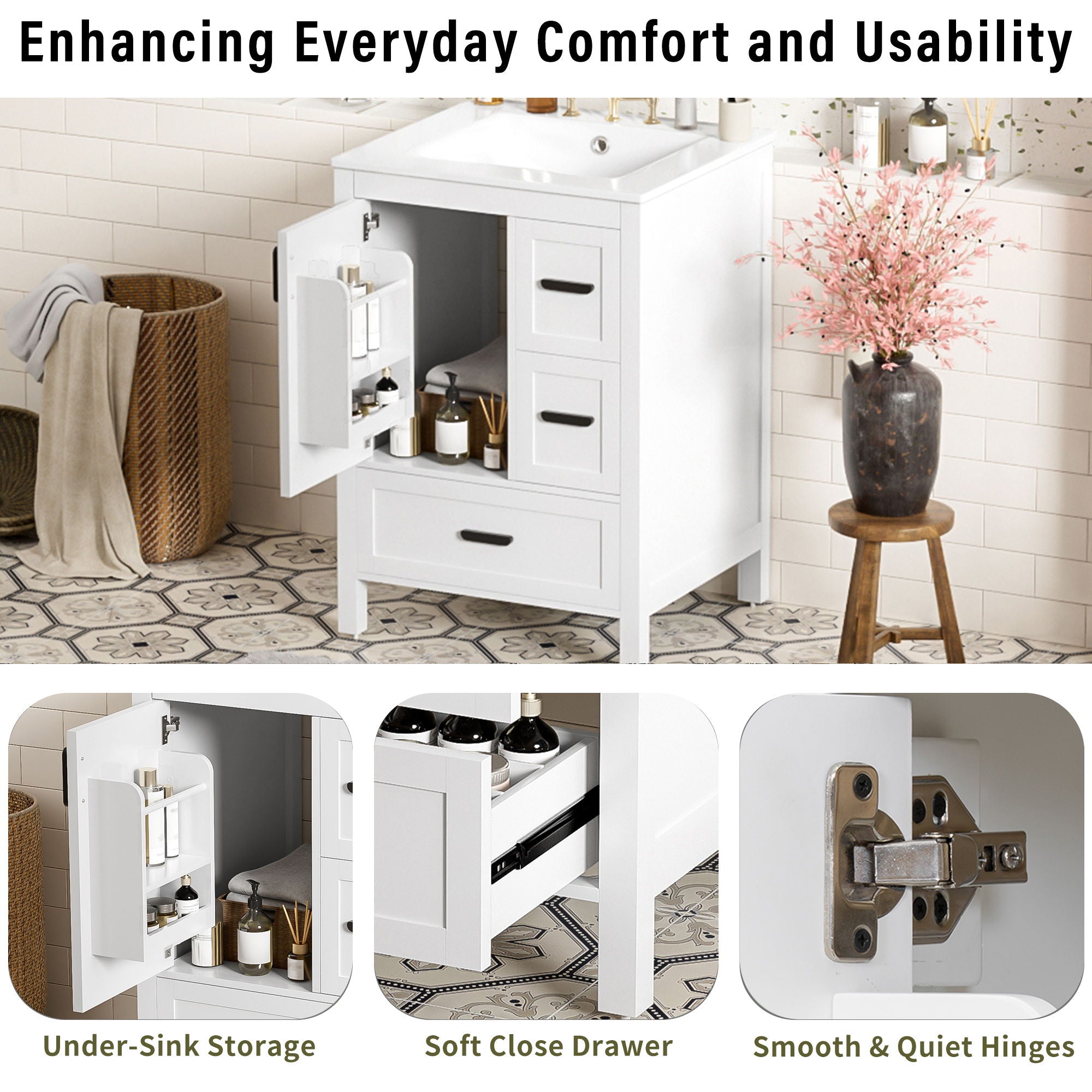Bathroom Vanity With Sink, Soft-Close Doors, Double-Layer Shelf And 3 Drawers
