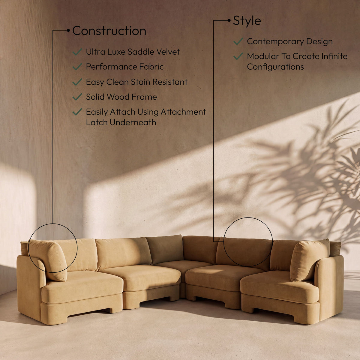Hammond - Velvet Performance Fabric Upholstered 5 Piece Corner Sectional