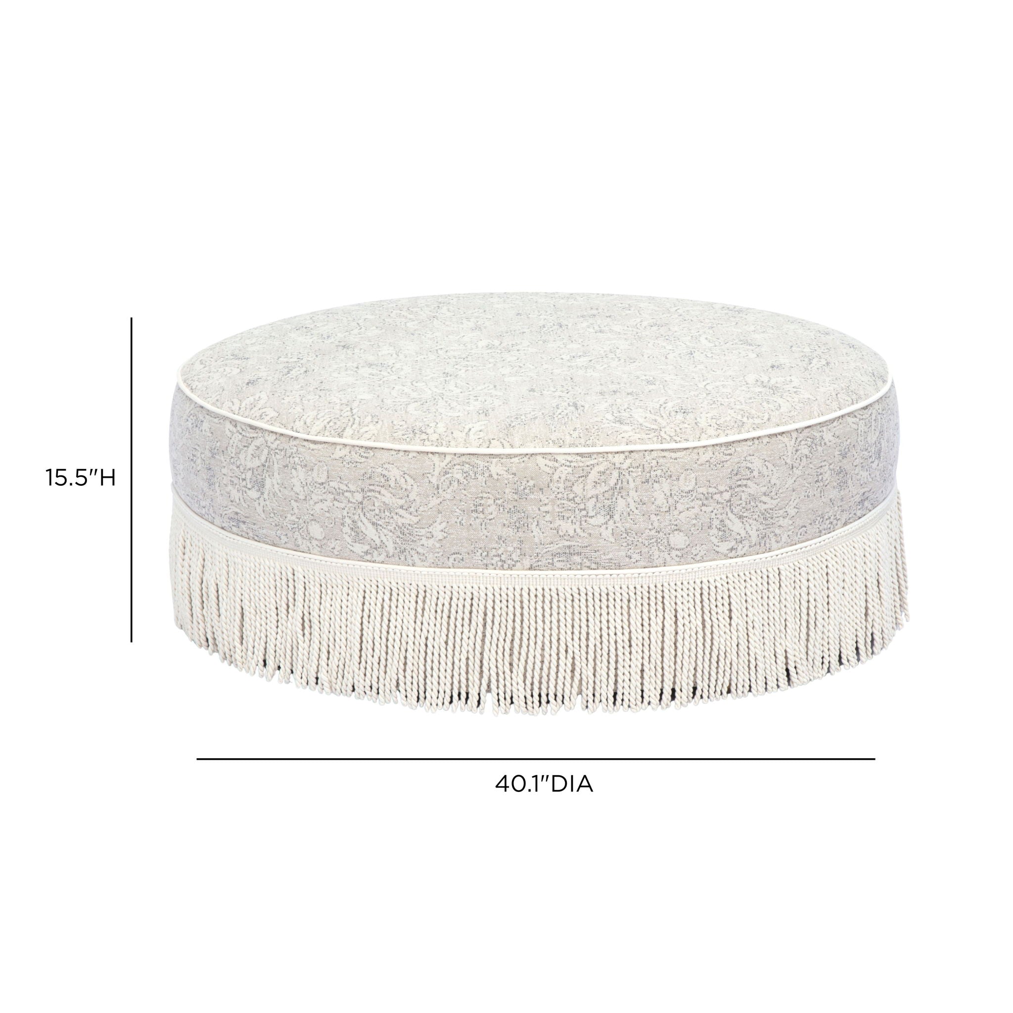 Tassy - Floral Tasseled Round Ottoman - Neutral