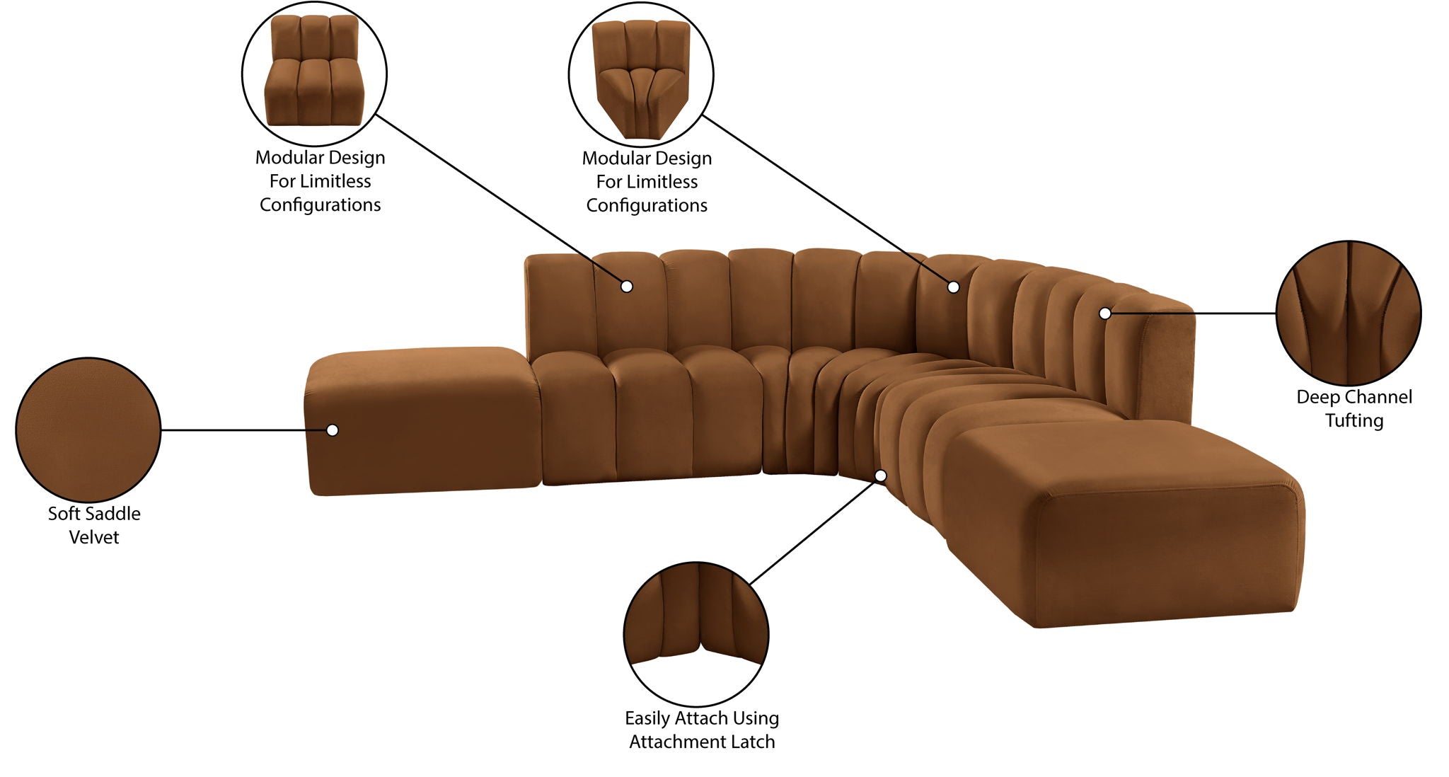 Arc - Velvet 6 Piece Corner Modular Sofa - Saddle