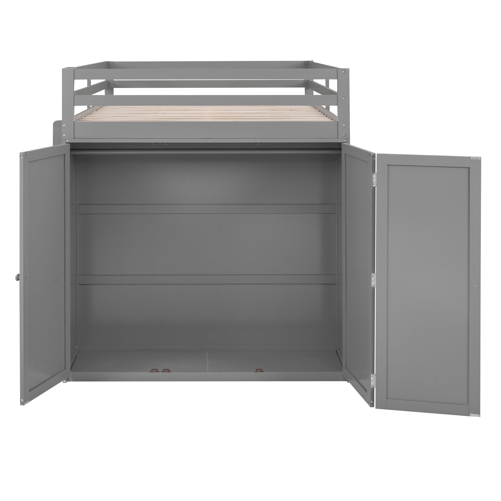 Full Size Loft Bed With Drawers, Desk, And Wardrobe - Gray