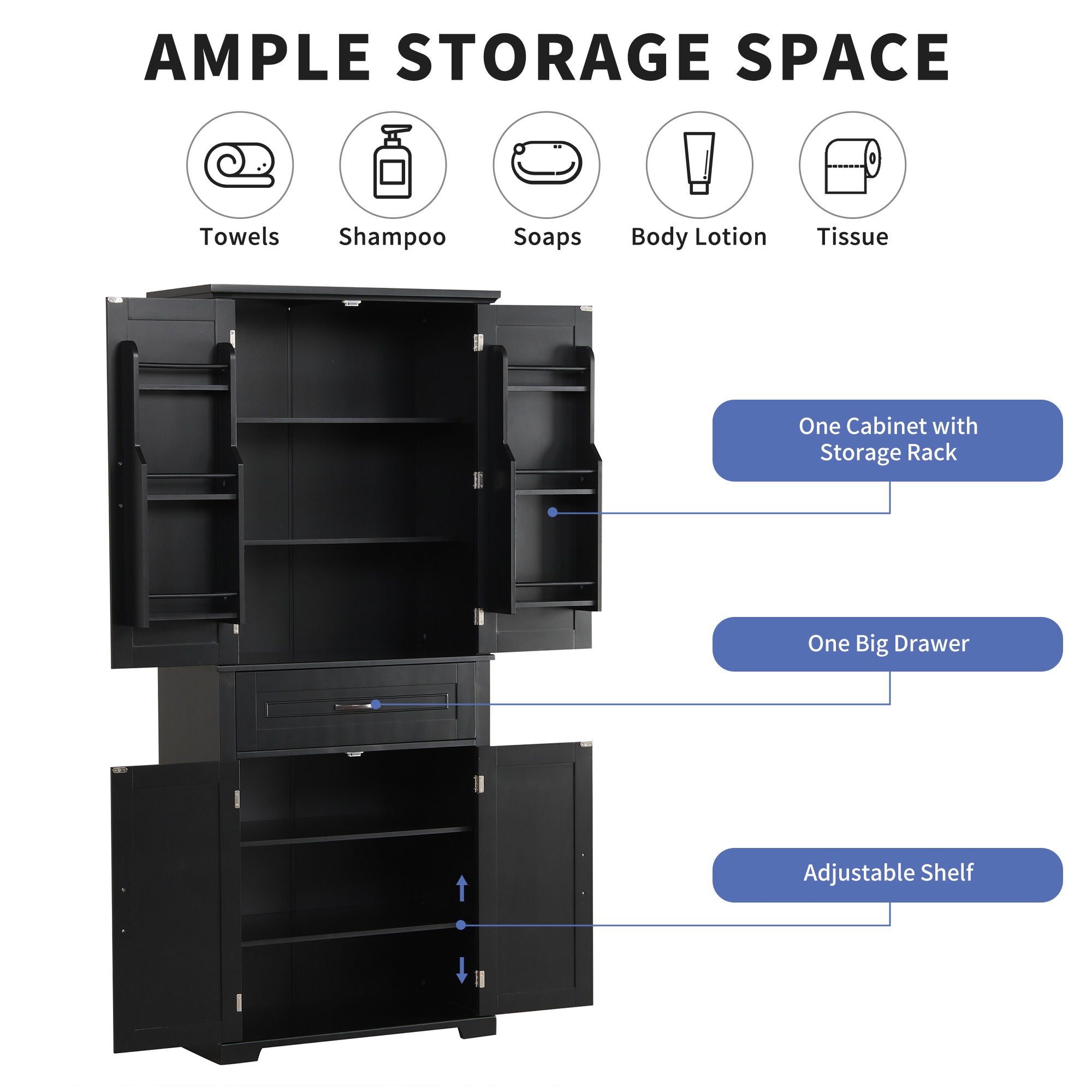 Bathroom Storage Cabinet With Doors And Drawer, Adjustable Shelf
