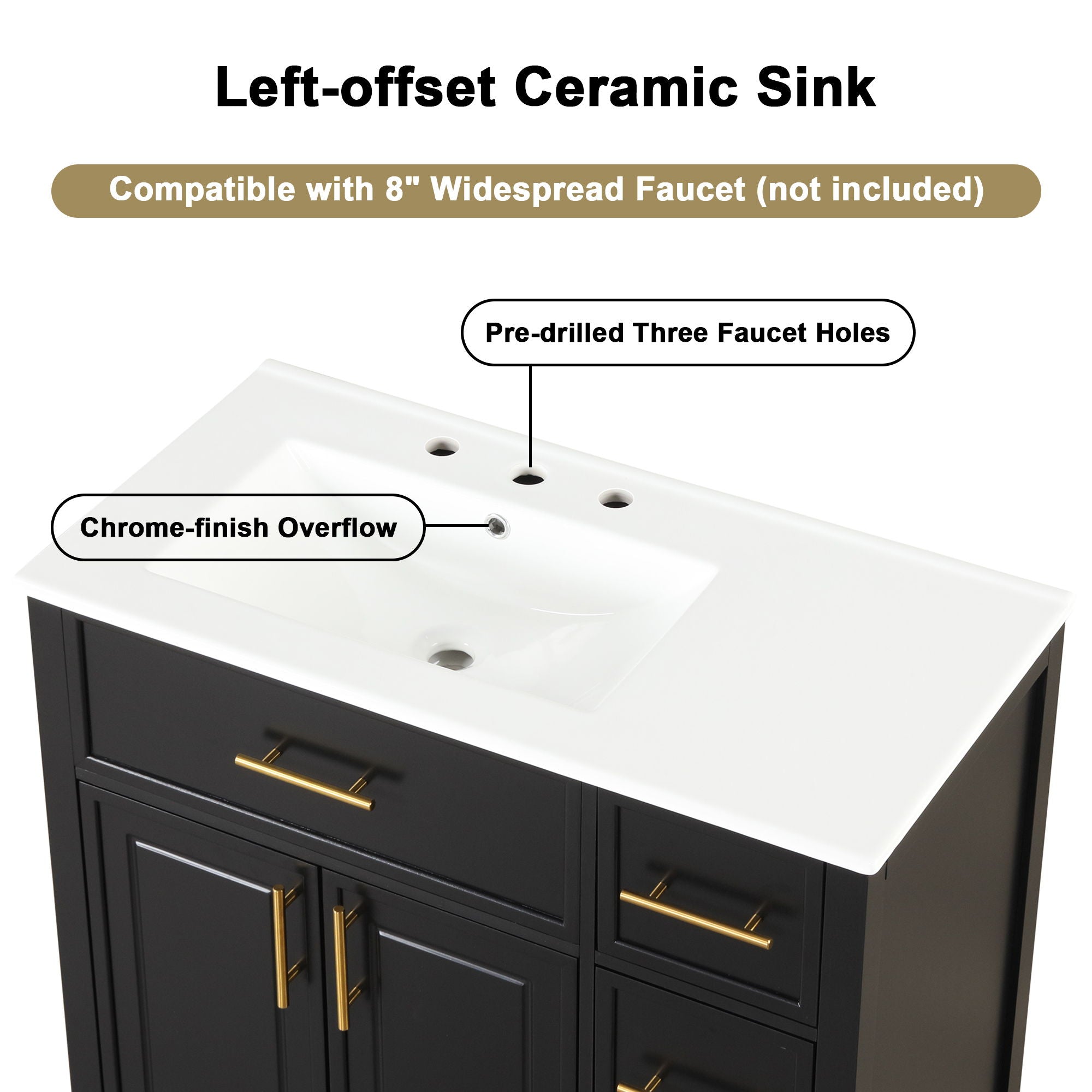 Modern Bathroom Vanity With Sink Top, 2 Doors And 3 Drawers