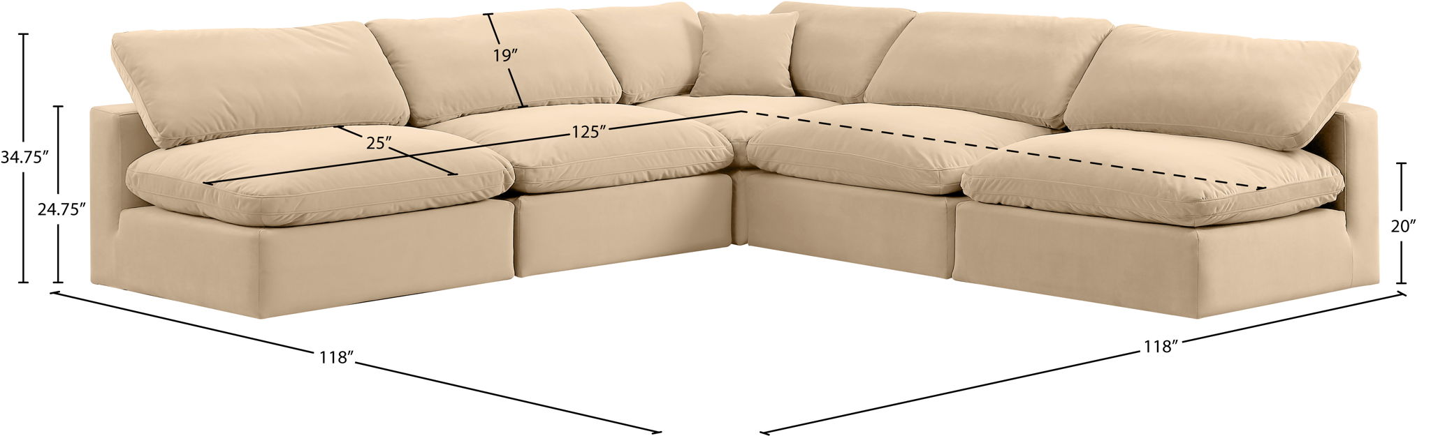 Comfy - 5 Piece Velvet Modular Corner Armless Sectional