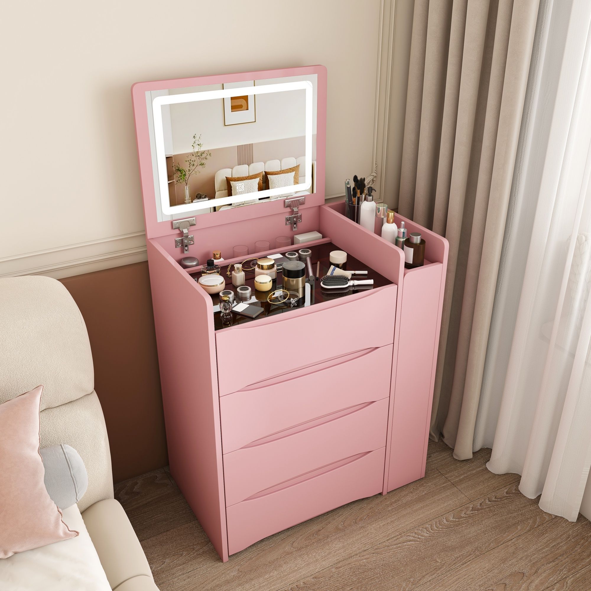 Flip Mirror Vanity Desk With Adjustable LED Lights & Stool For Bedroom