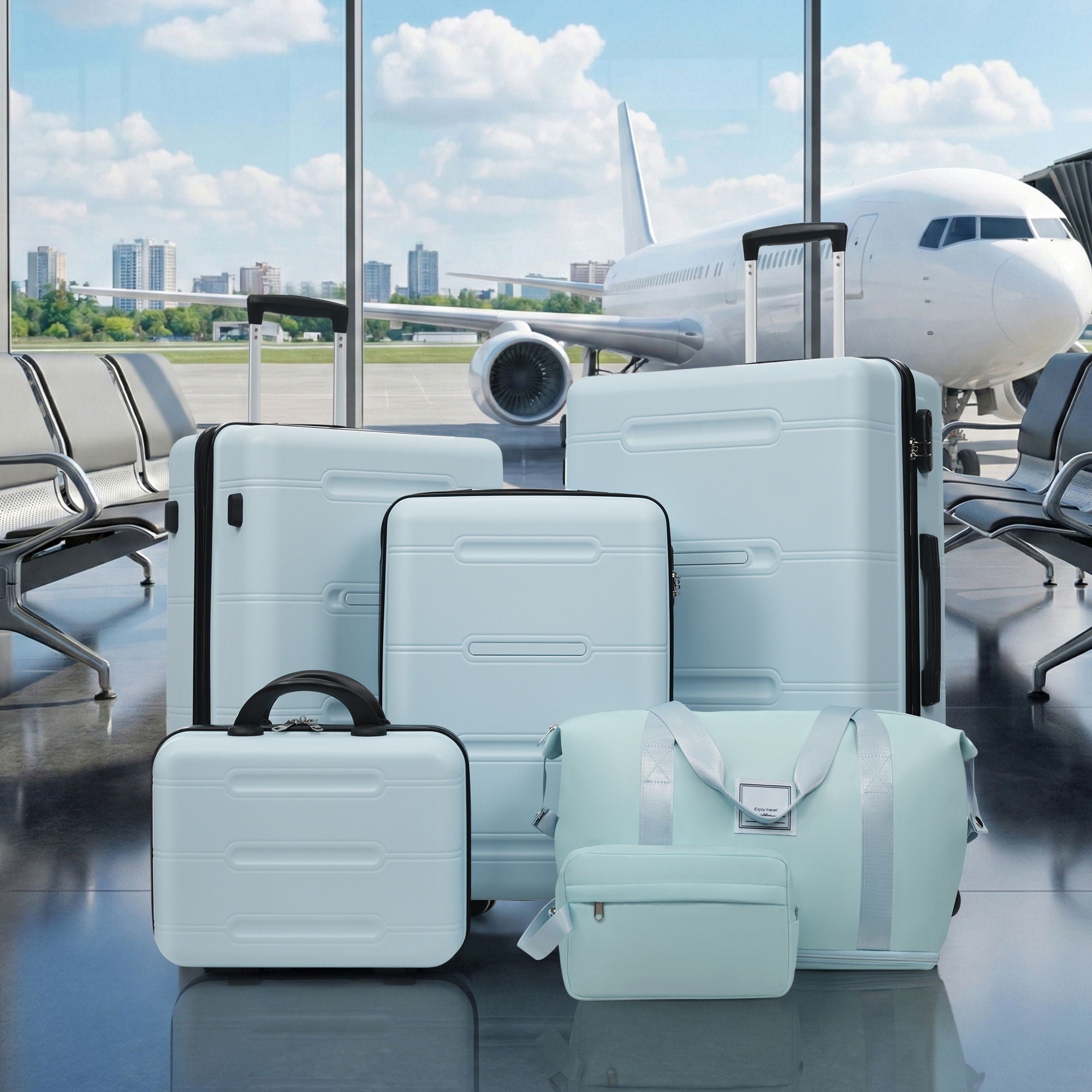6 Piece Lightweight Hardshell Luggage Set With Double Spinner Wheels, Password Lock