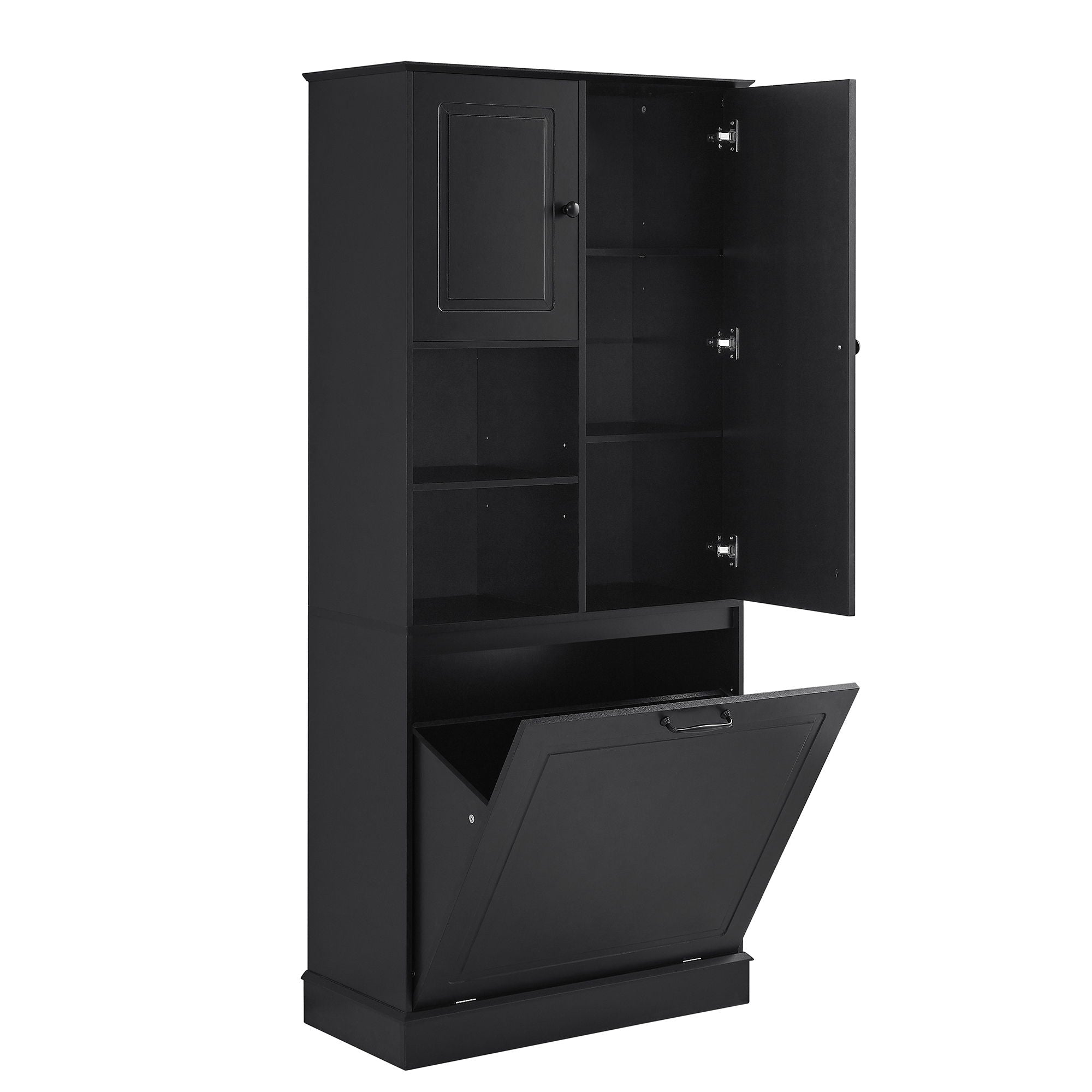 Modern Tall Storage Cabinet With Adjustable Shelves, Flip-Out Basket & Enclosed Doors