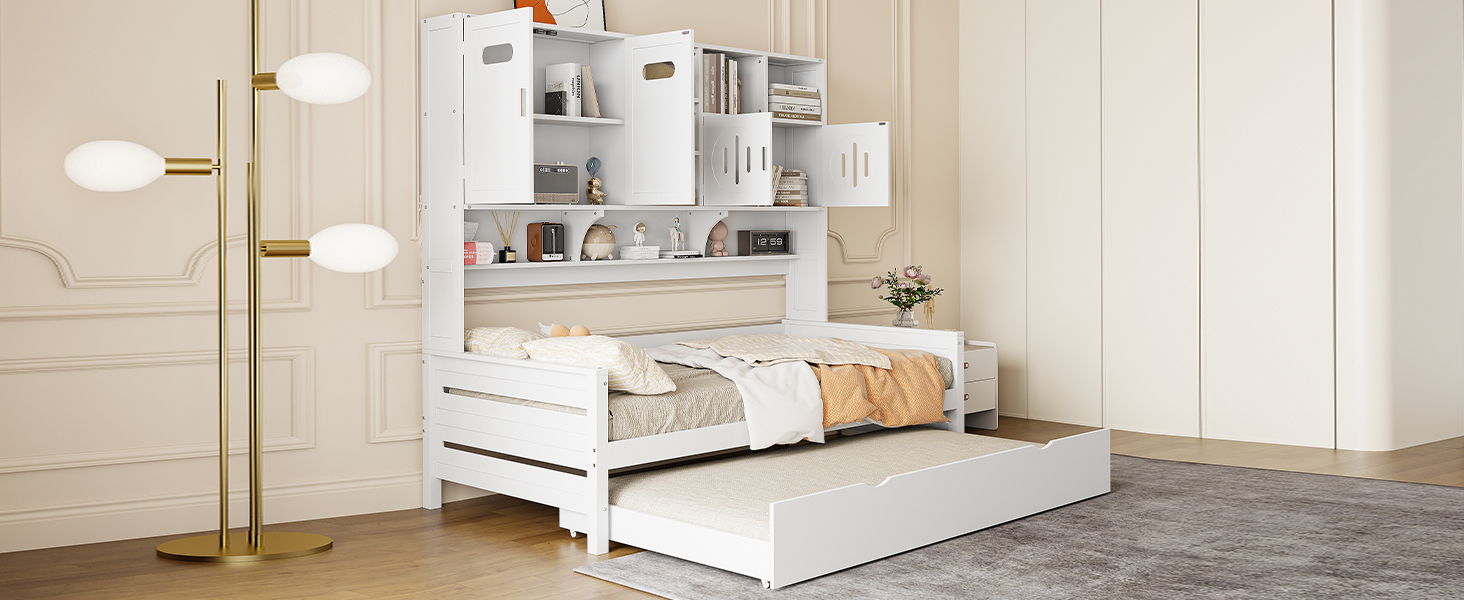 Twin Size Wooden Daybed With Twin Size Trundle, And All In One Cabinet And Shelf - White