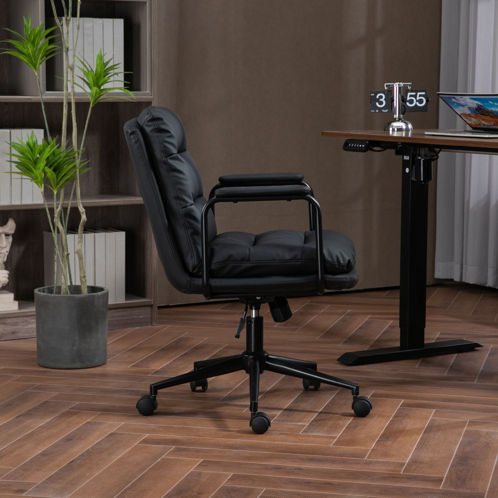 Office Chair, Mid Back Home Office Desk Task Chair With Wheels And Arms Ergonomic Computer Rolling Swivel Chair With Padded Armrest
