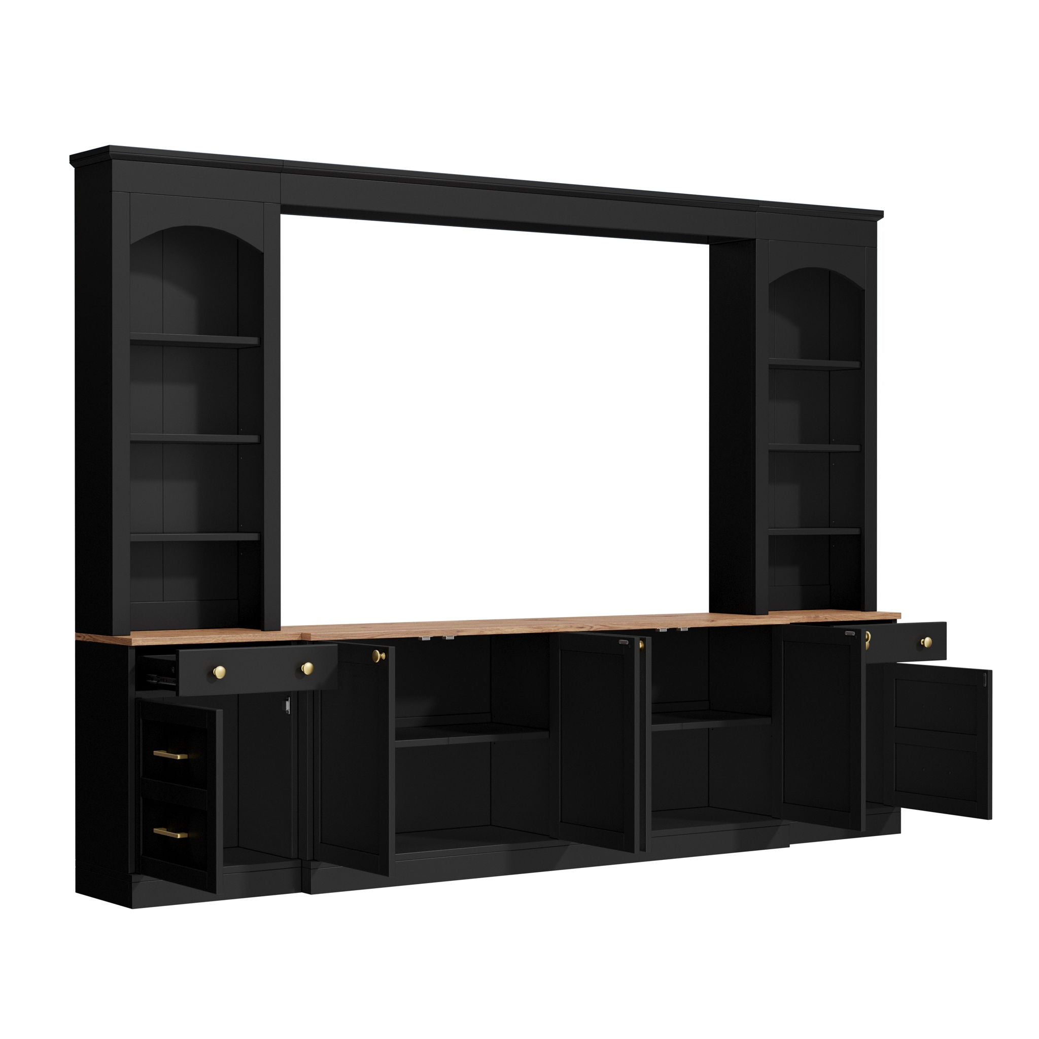 Arched Entertainment Center Wall Unit With Bookshelf, Retro Large TV Stand