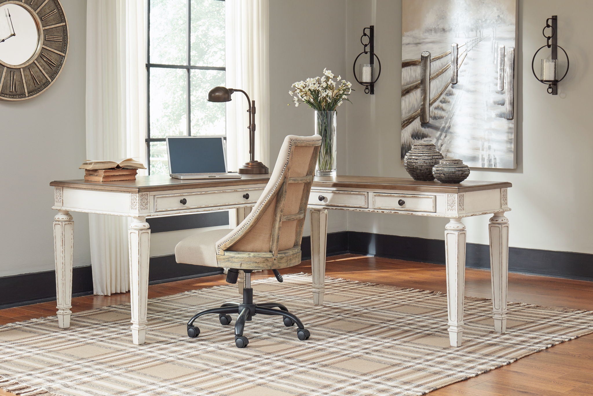 Realyn - L Shaped Desk With Lift Top - White / Brown