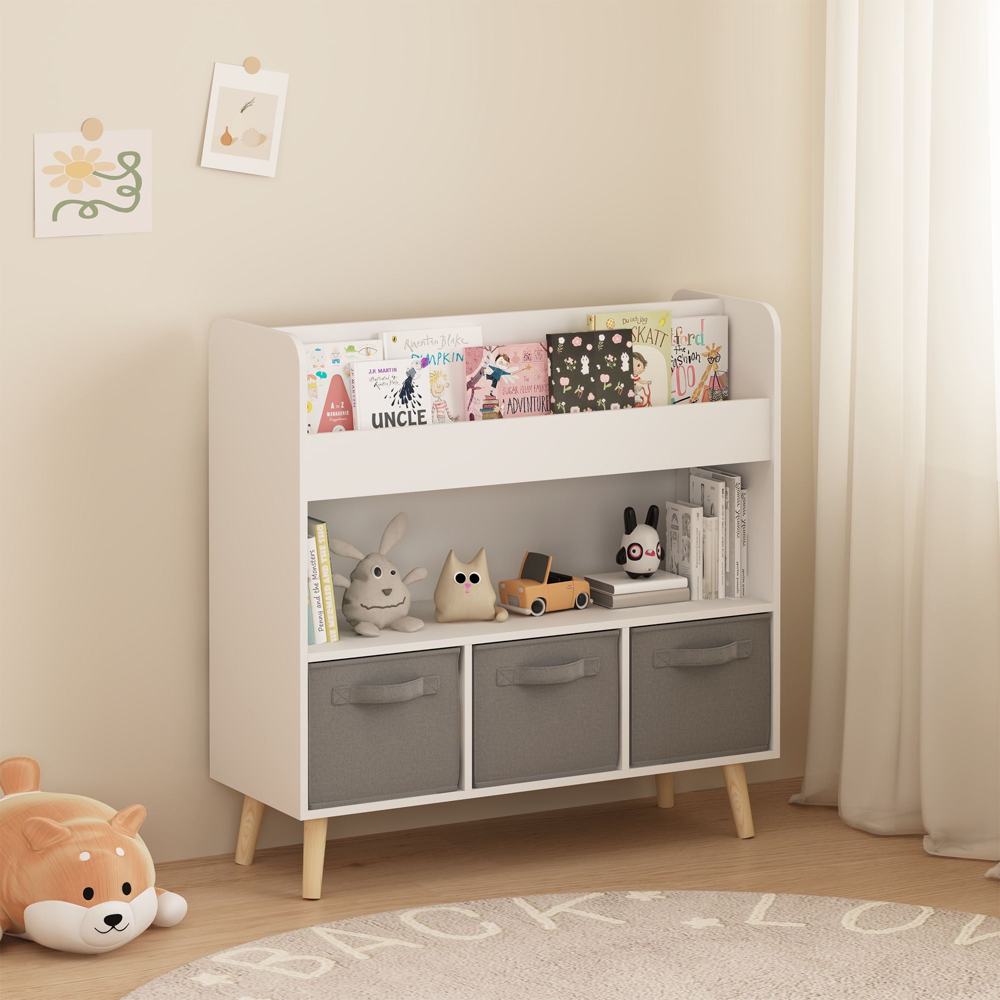 Bookshelf With 3 Bins, Storage Shelf For Toys And Books