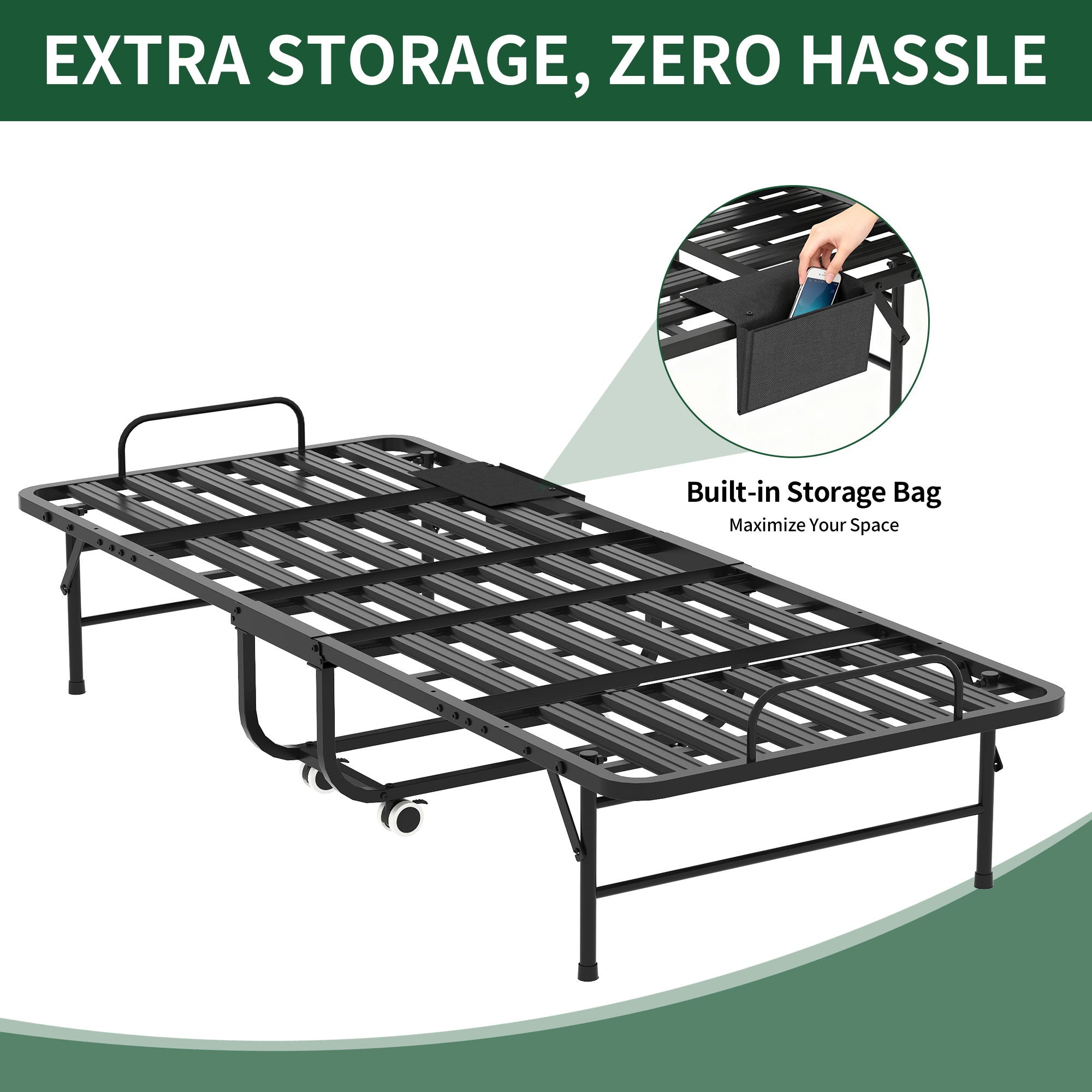 Twin Folding Bed With Memory Foam Mattress, Space Saving Rollaway Guest, On Wheels, Portable For Adults & Guests - Black
