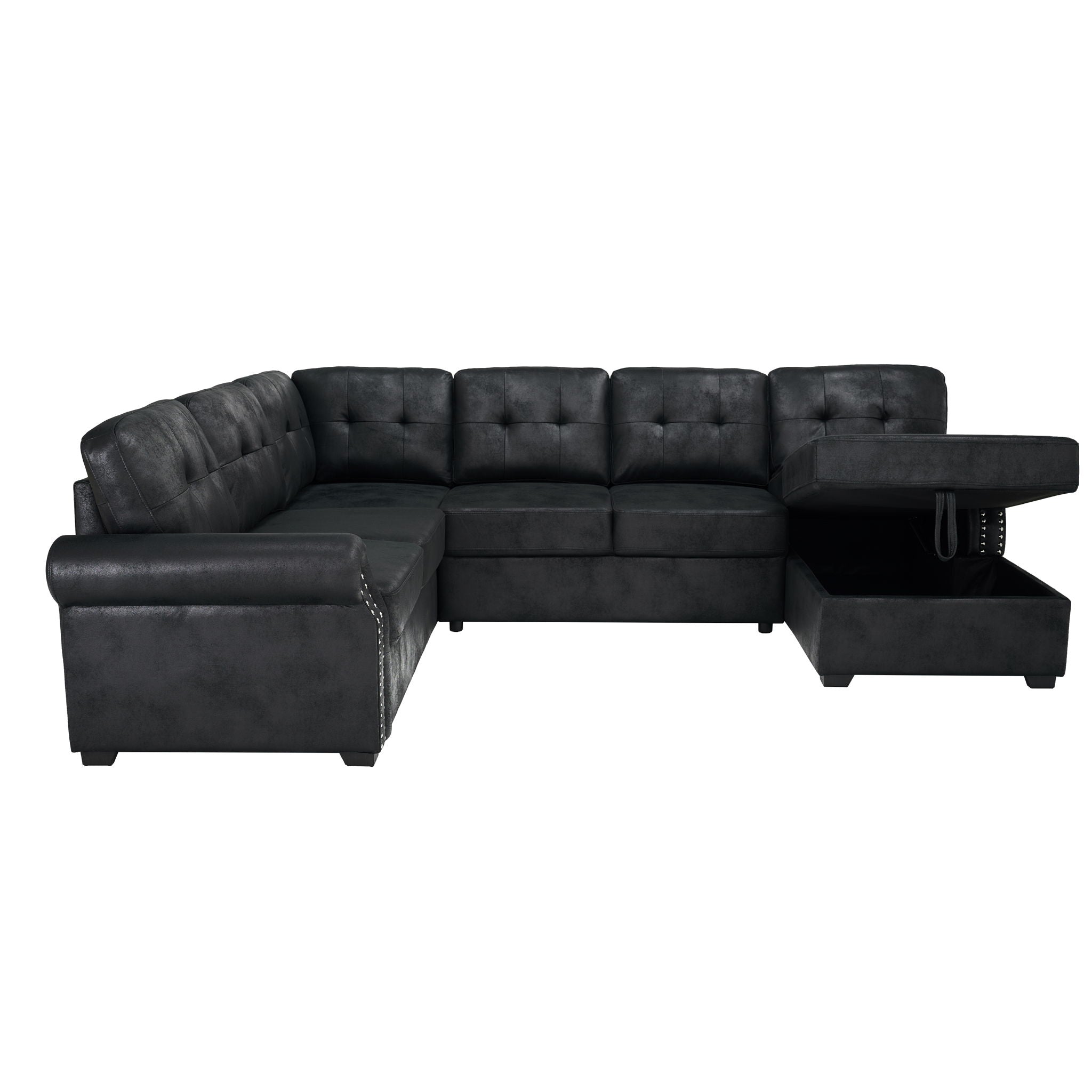 U Shape Sectional Sleeper Sofa With Pull Out Bed And Storage Chaise - Black