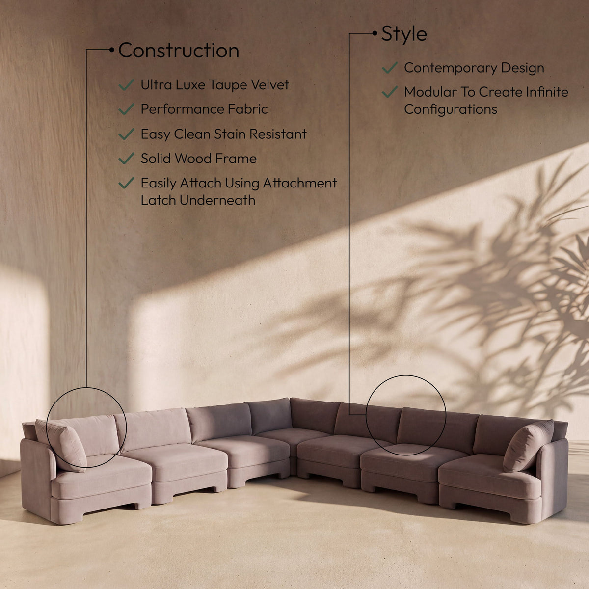 Hammond - Velvet Performance Fabric Upholstered 7 Piece Corner Sectional