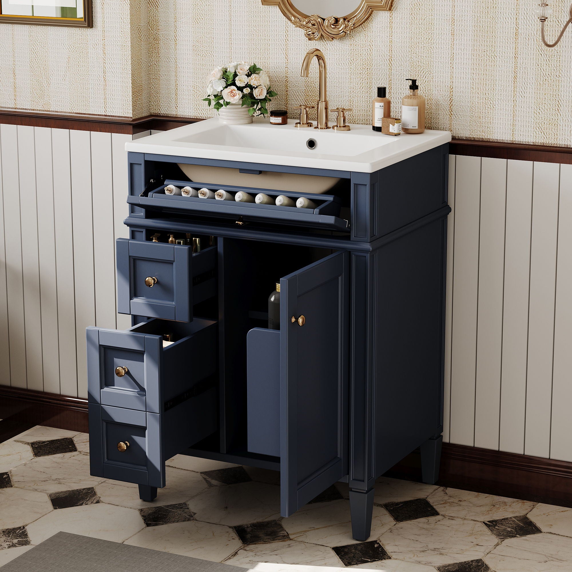 Bathroom Vanity With Top Sink, Storage Cabinet With 2 Drawers And Tip-Out Drawer