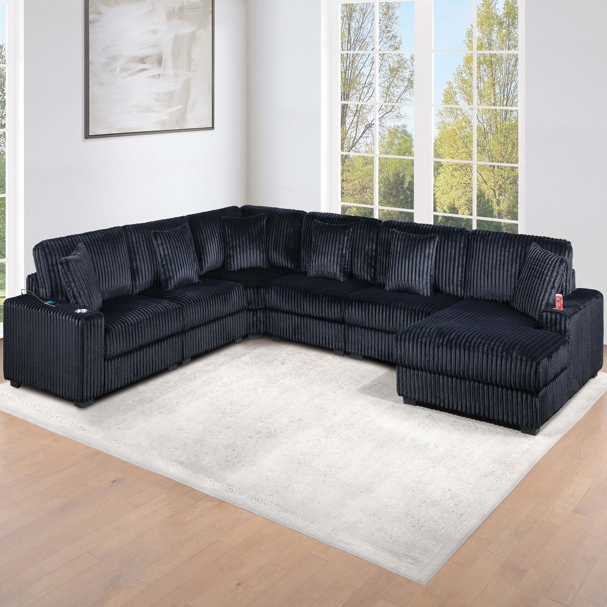 6 Piece Modular Sectional Sofa Set Upholstered Living Room Plush Couch With Cup Holders And USB Port - Black