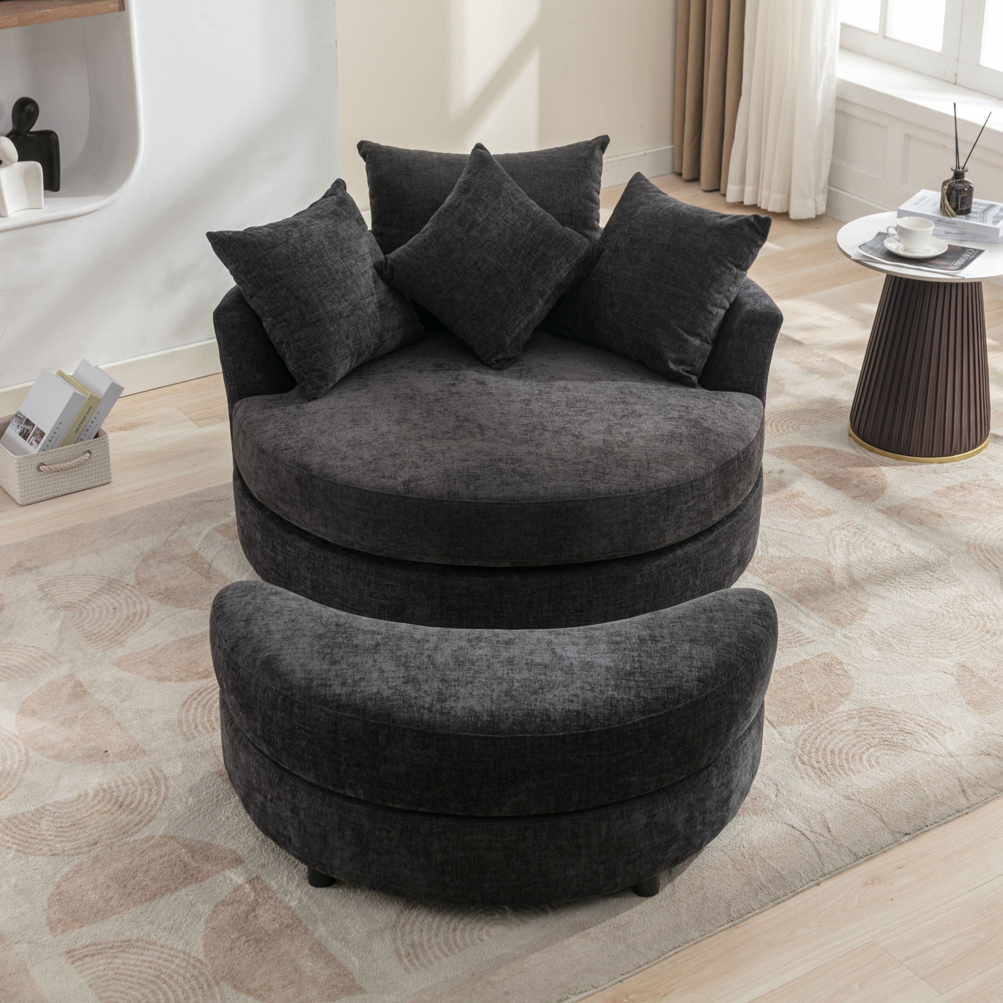 360° Swivel Accent Barrel Chair With Storage Ottoman & 4 Pillows, Modern Leisure Chair Round Accent For Living Room