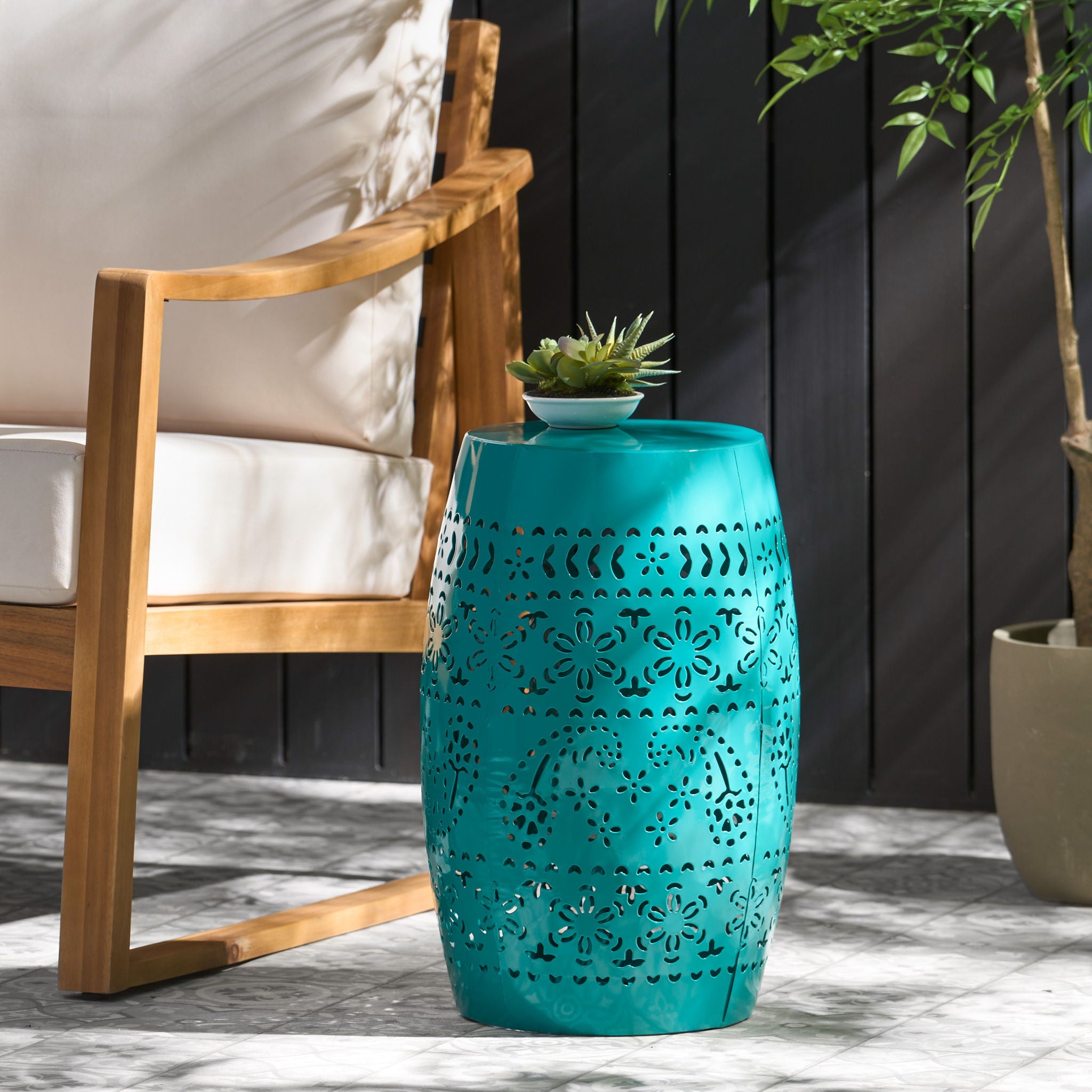 Outdoor Lace Cut Side Table - Teal