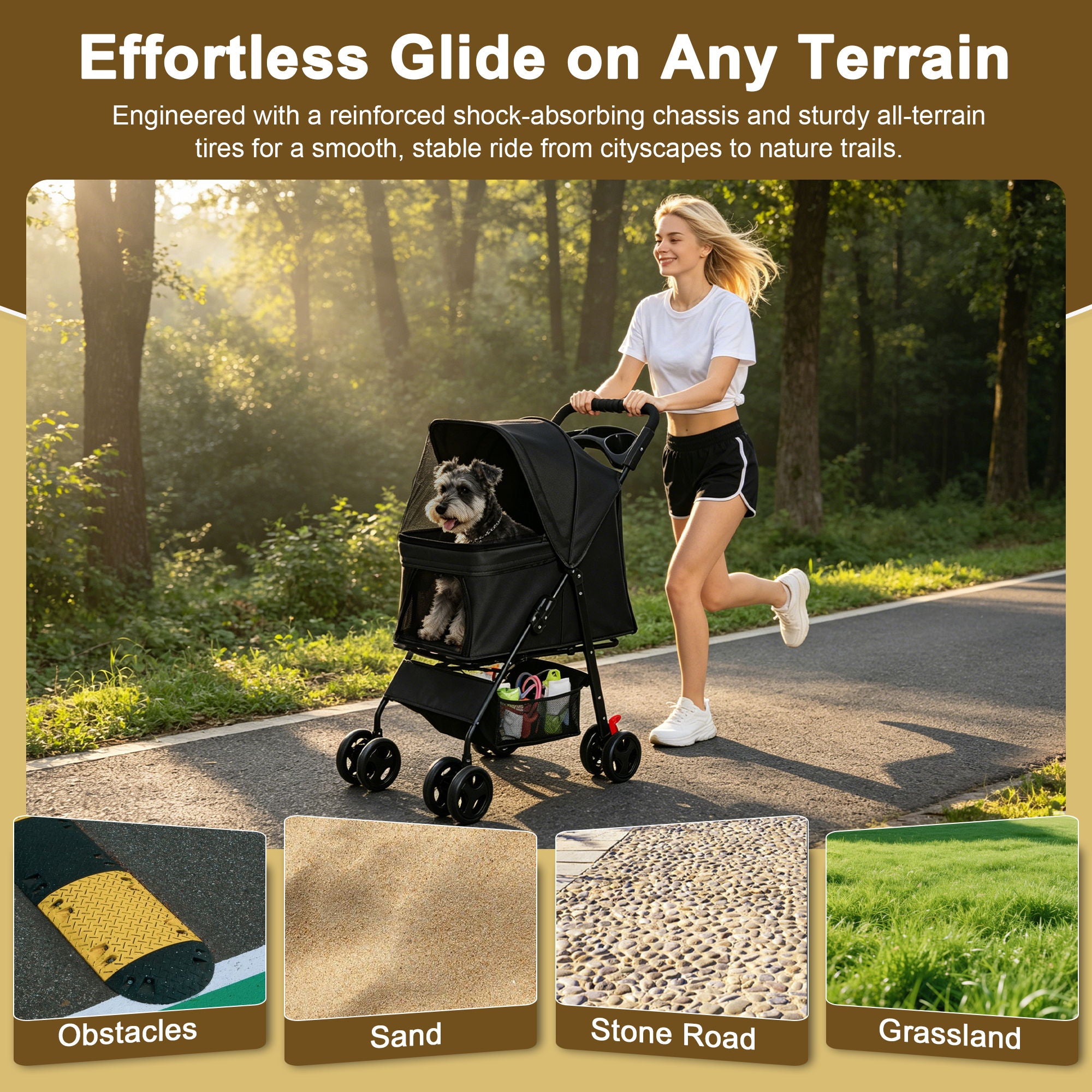 Foldable Pet Stroller For Small Dogs And Cats With Multi Functional Tray