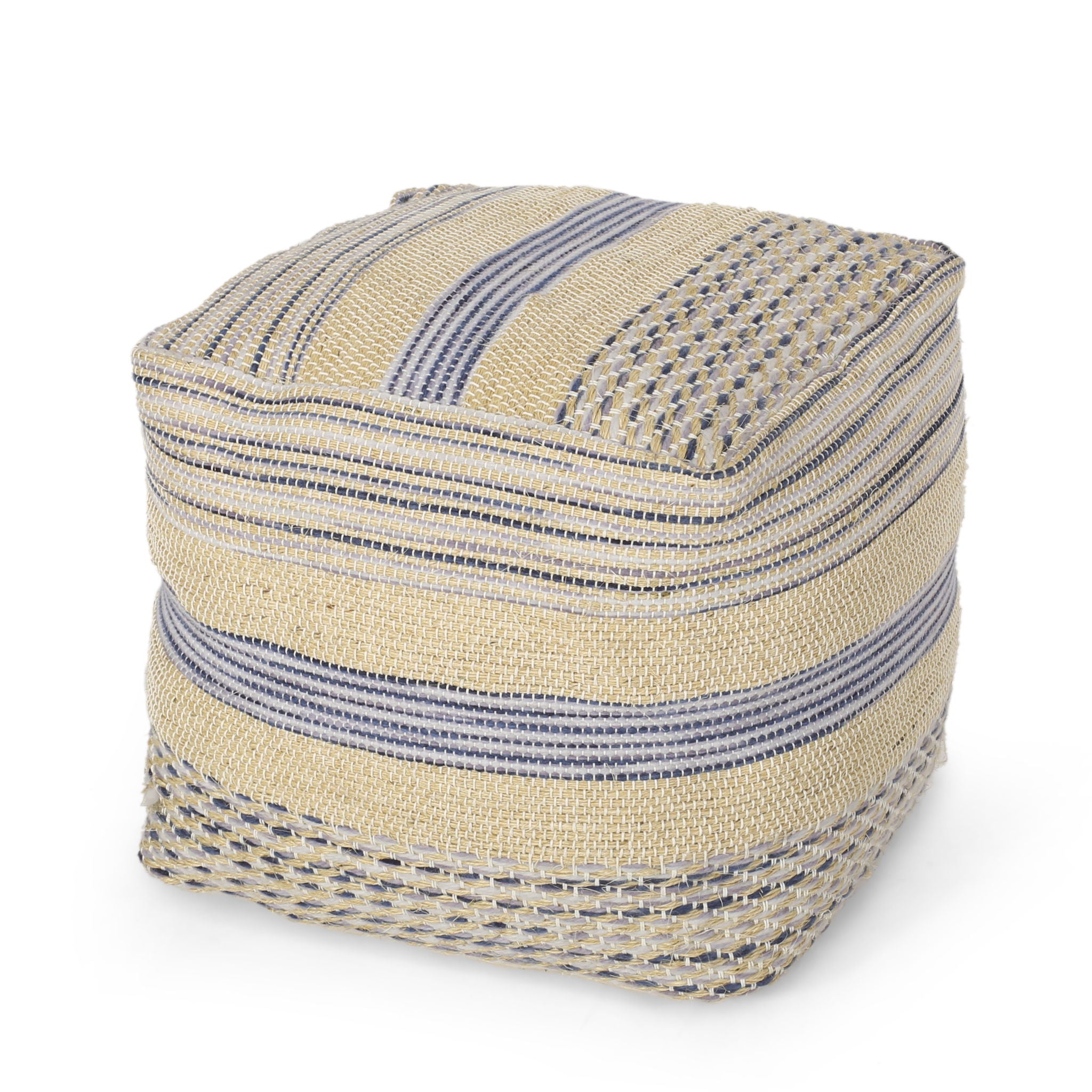 Western - Handcrafted Fabric Pouf, Durable - Natural / Blue