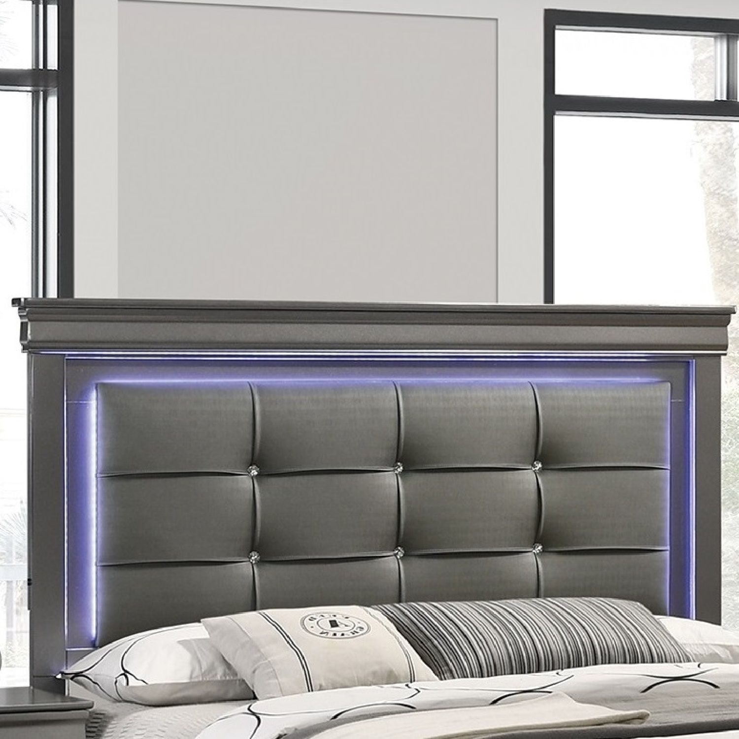 Bed With Square Button Tufting And LED Lights