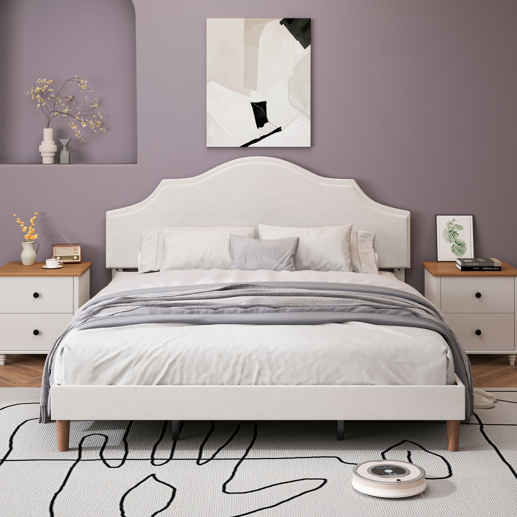 King Size, Upholstered Platform Bed Frame With Adjustable Headboard, No Box Spring Needed - White