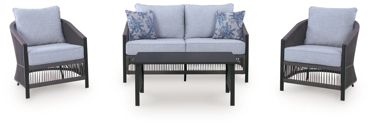 Bridges Beach - Loveseat, Lounge Chairs, Table Set (Set of 4) - Gray