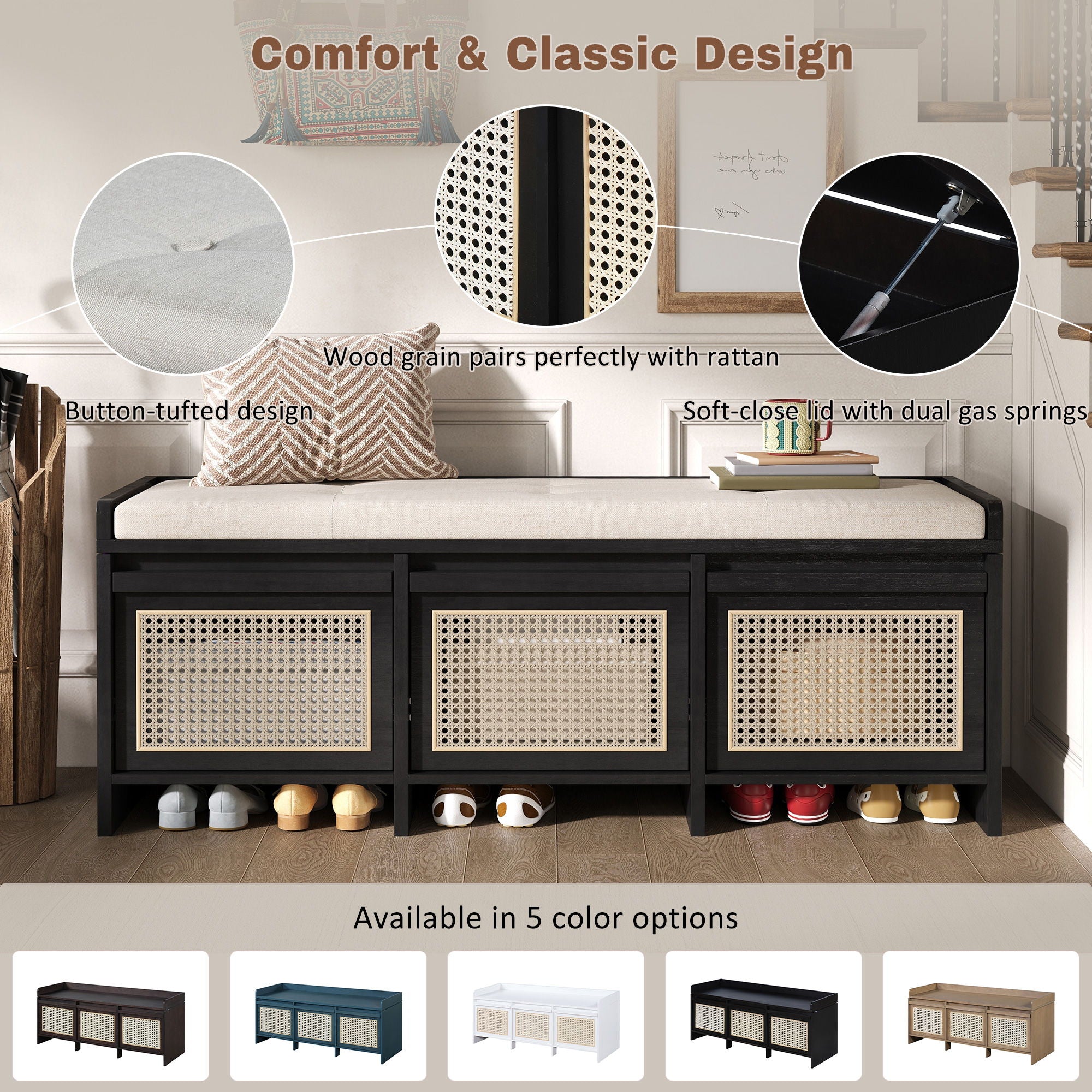 Entryway Shoe Bench With Drawers & Button Tufted Cushion