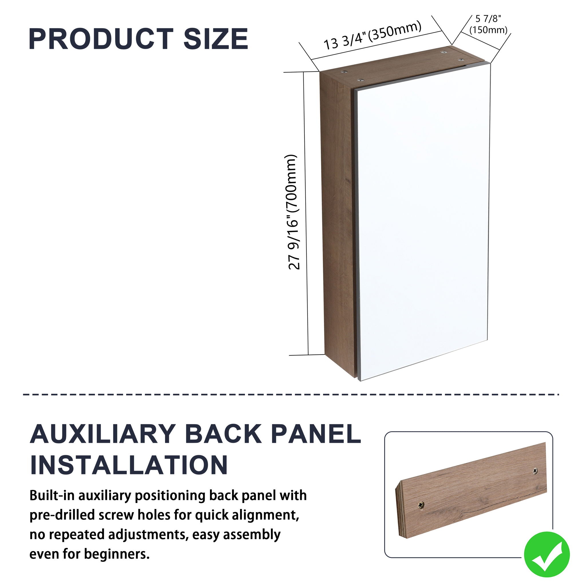 14" Bathroom Mirror Cabinet With Adjustable Shelves, Wall Mounted Medicine Storage Cabinet Frame With Soft Closing Hinges - Imitative Oak