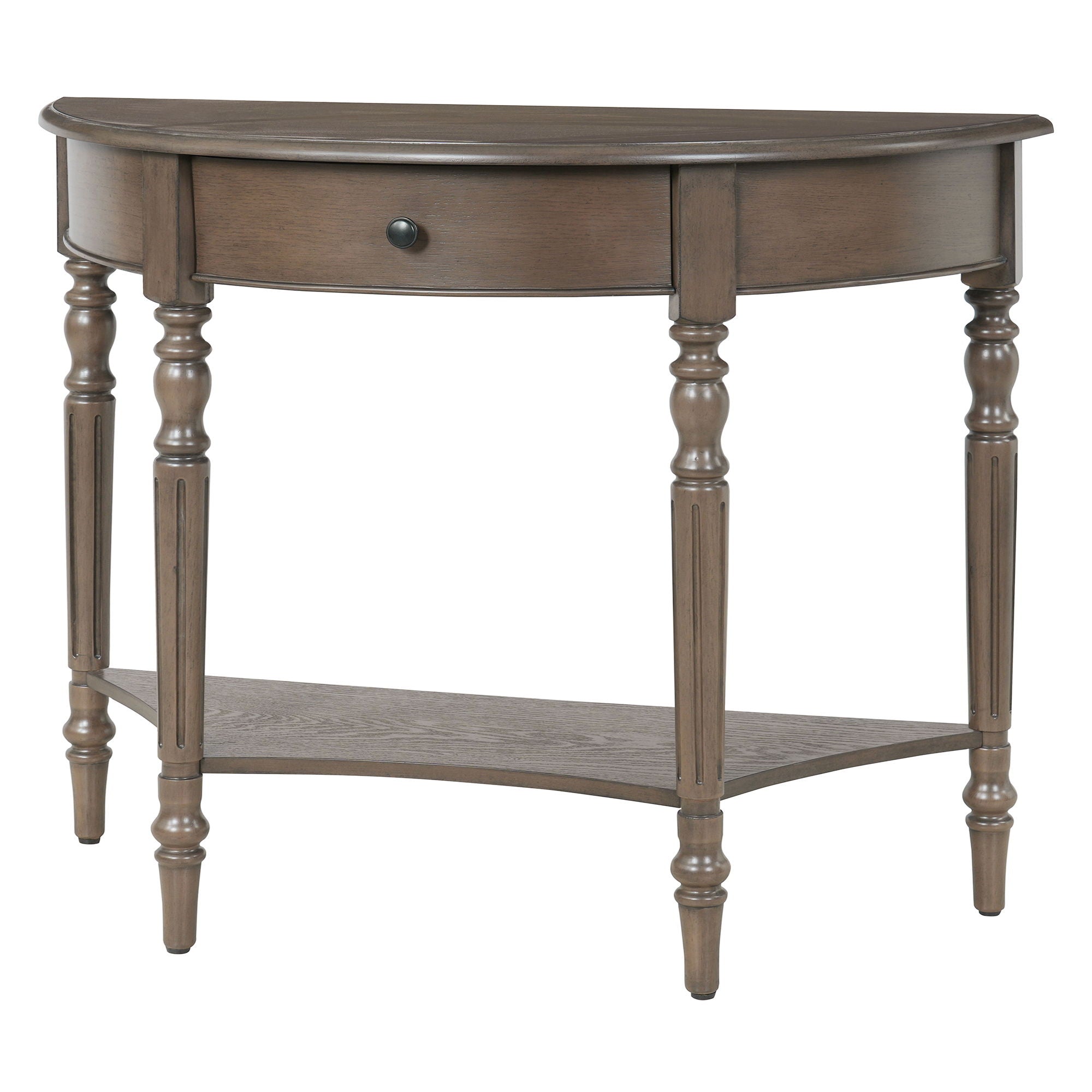 Half Moon Console Table With Drawer & Shelf For Living Room - Walnut