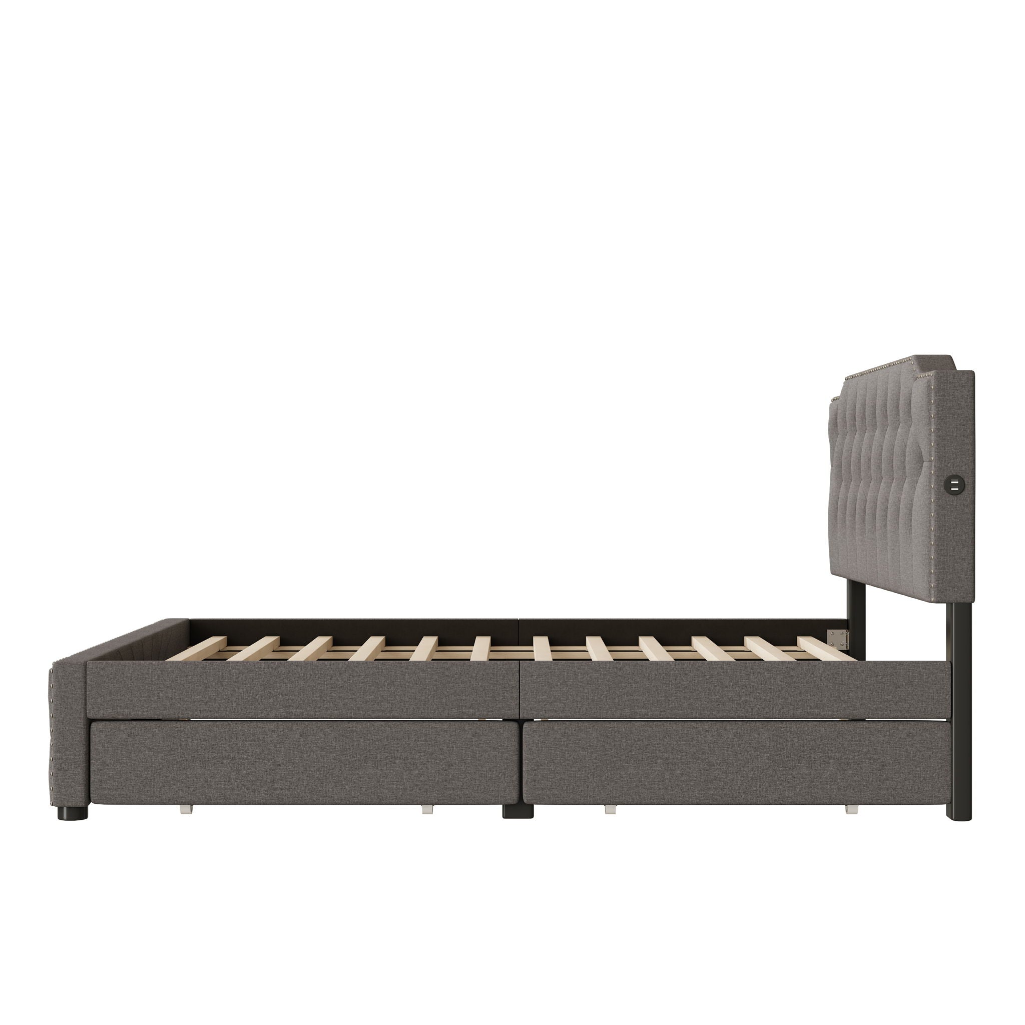 Upholstered Platform Bed With 2 Drawers And 2 Sets Of USB Ports On Each Side, Fabric