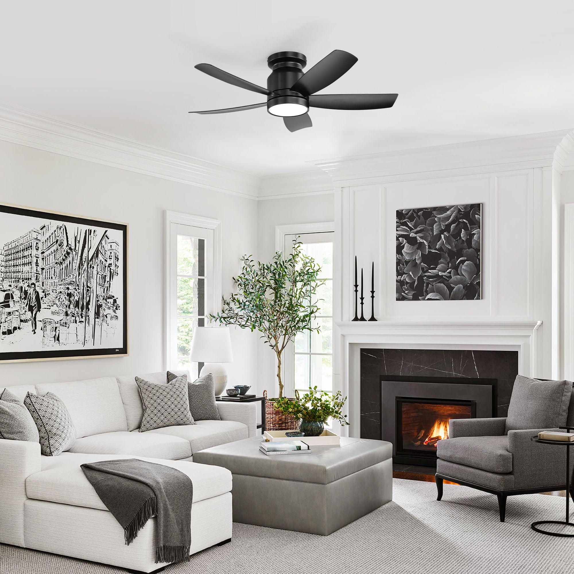 Flush Mount Ceiling Fan With 18W LED Light And Remote Control Blades - Black