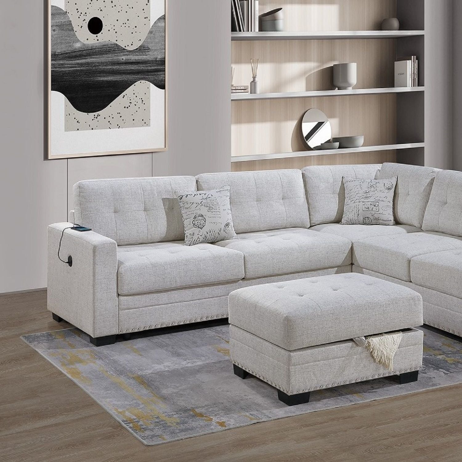 L - Shaped Sectional Sofa Set With Storage Ottoman, Tufted Upholstery Nailhead Trim