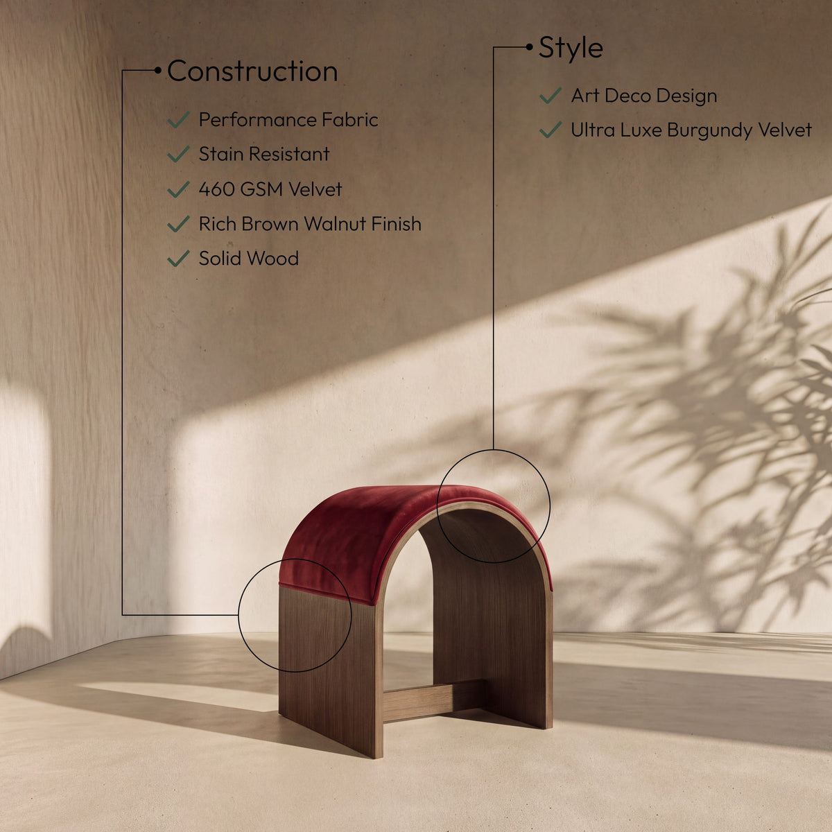 Sable - Velvet Performance Fabric Upholstered Bench