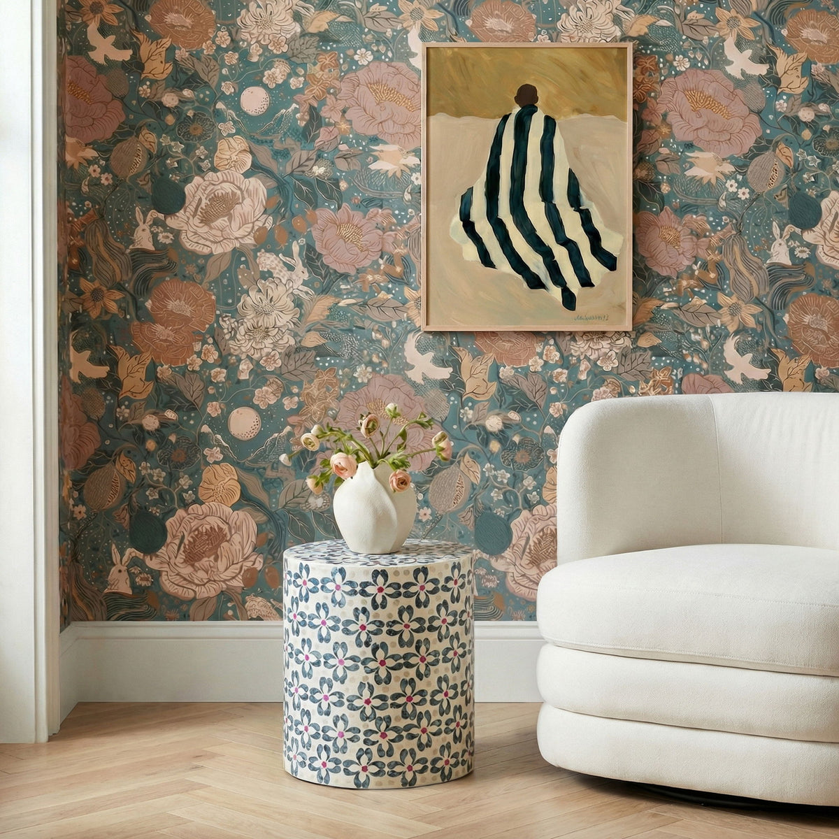 Lorna - Capiz Shell Motif Stool - Aqua Floral