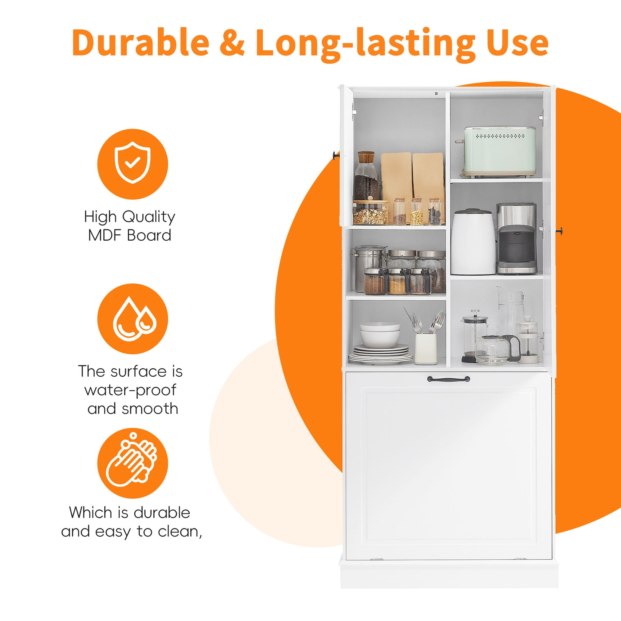 Modern Tall Storage Cabinet With Adjustable Shelves, Flip-Out Basket & Enclosed Doors