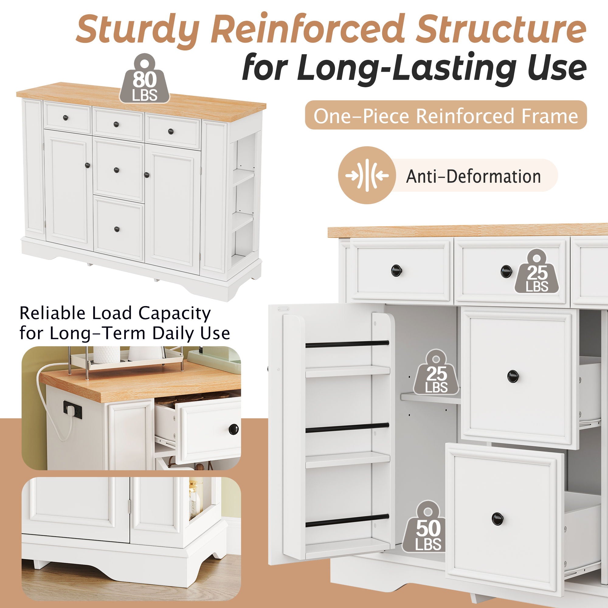 Sideboard Buffet Cabinet With 5 Drawers, 2 Cabinets, Adjustable Shelves, Kitchen Console Table For Dining Room - White