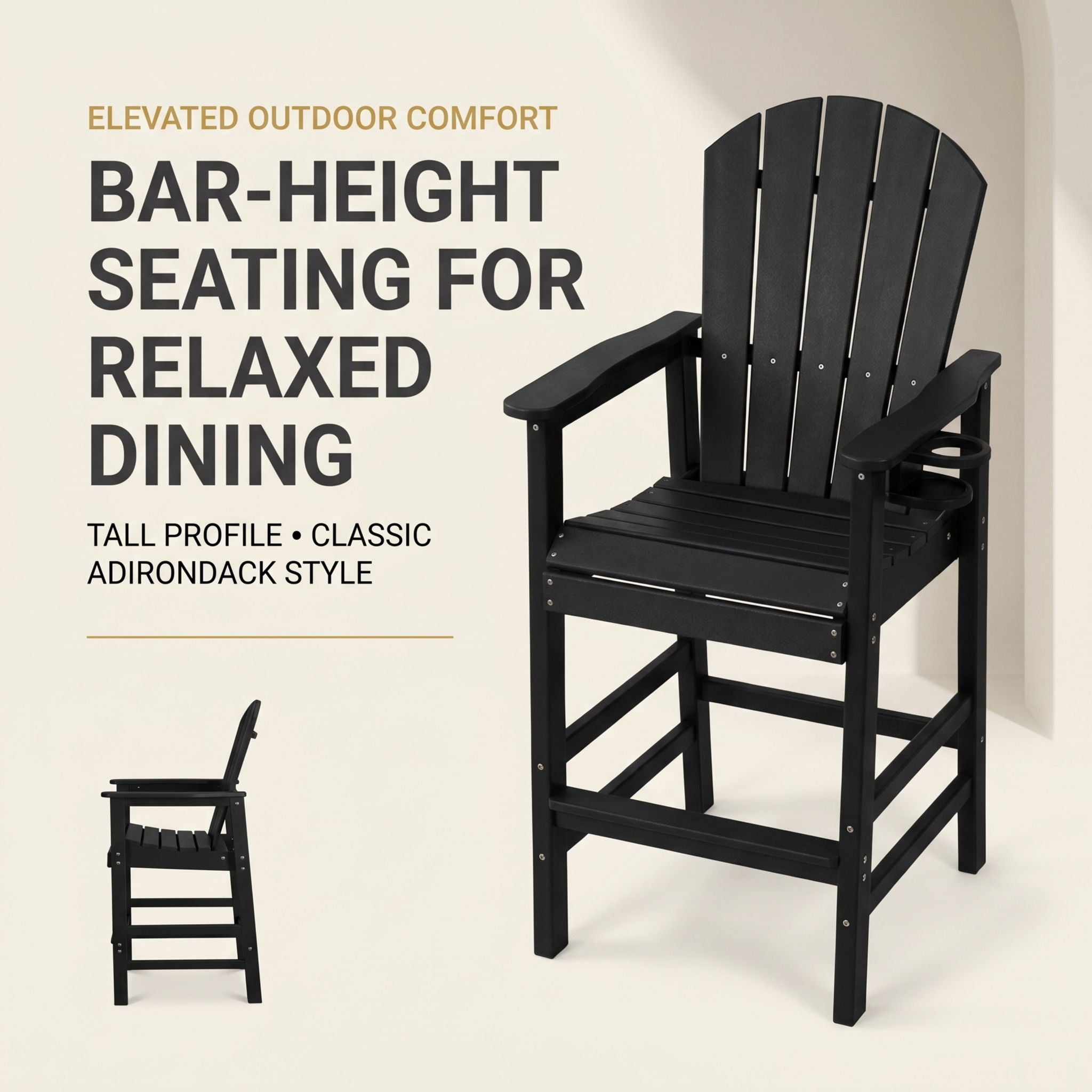 Bar Height Adirondack Chair With Cup Holder And Armrests