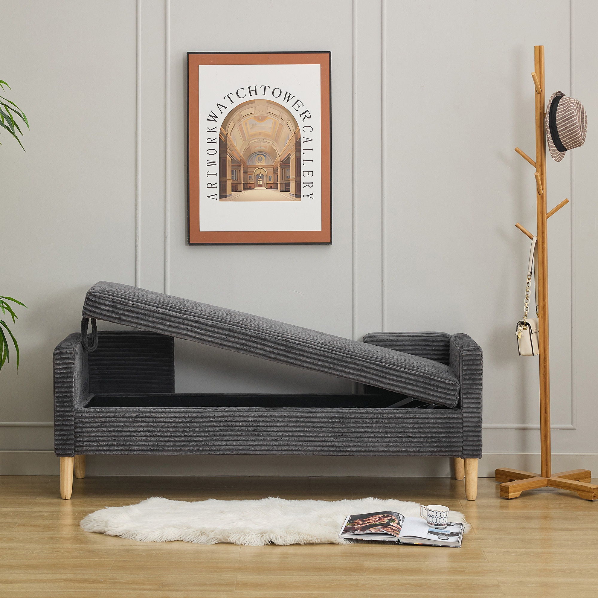 Upholstered Corduroy Flip Top Storage Bench For Living Room