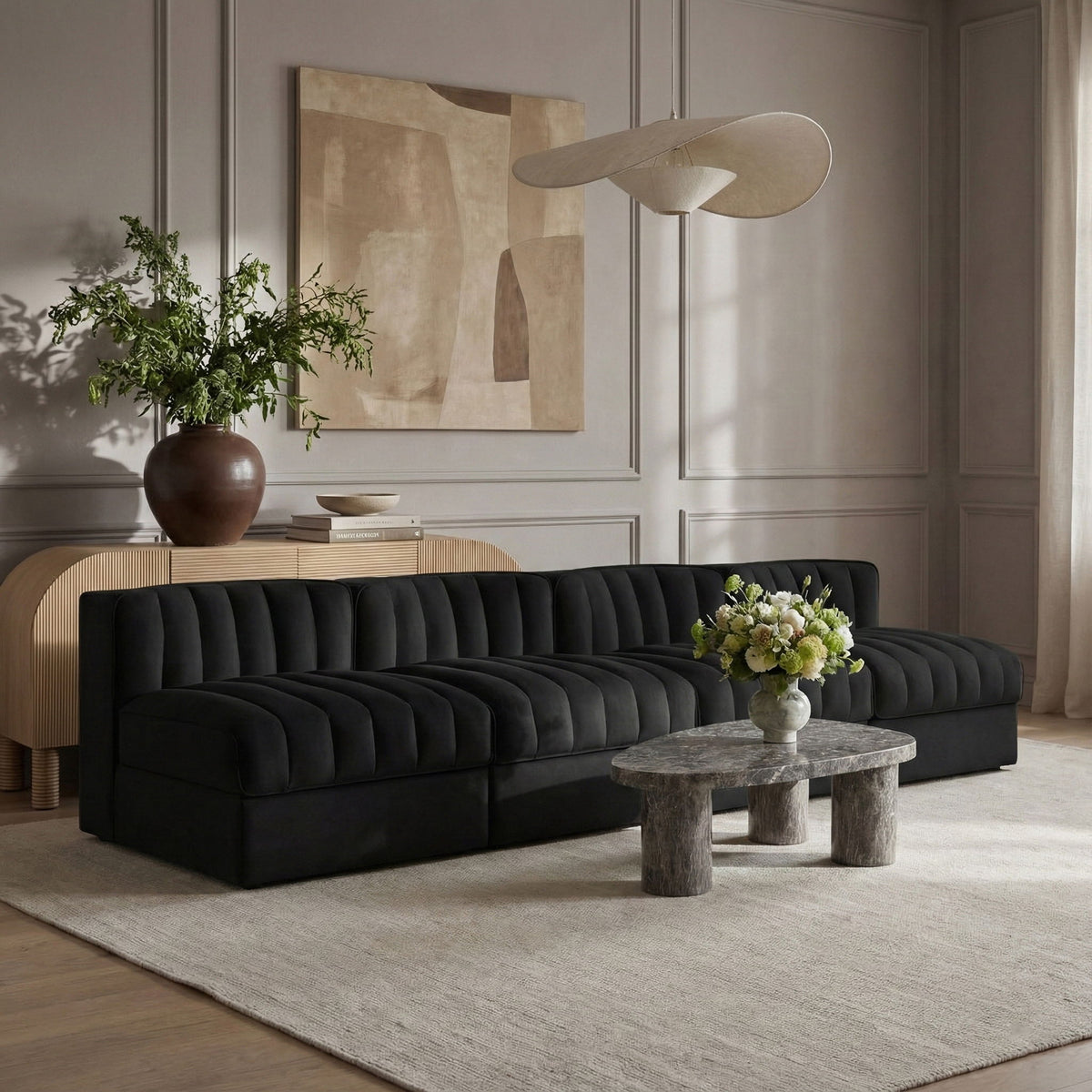 Rummi - Armless Velvet Performance Fabric Upholstered 4 Piece Modular Sofa