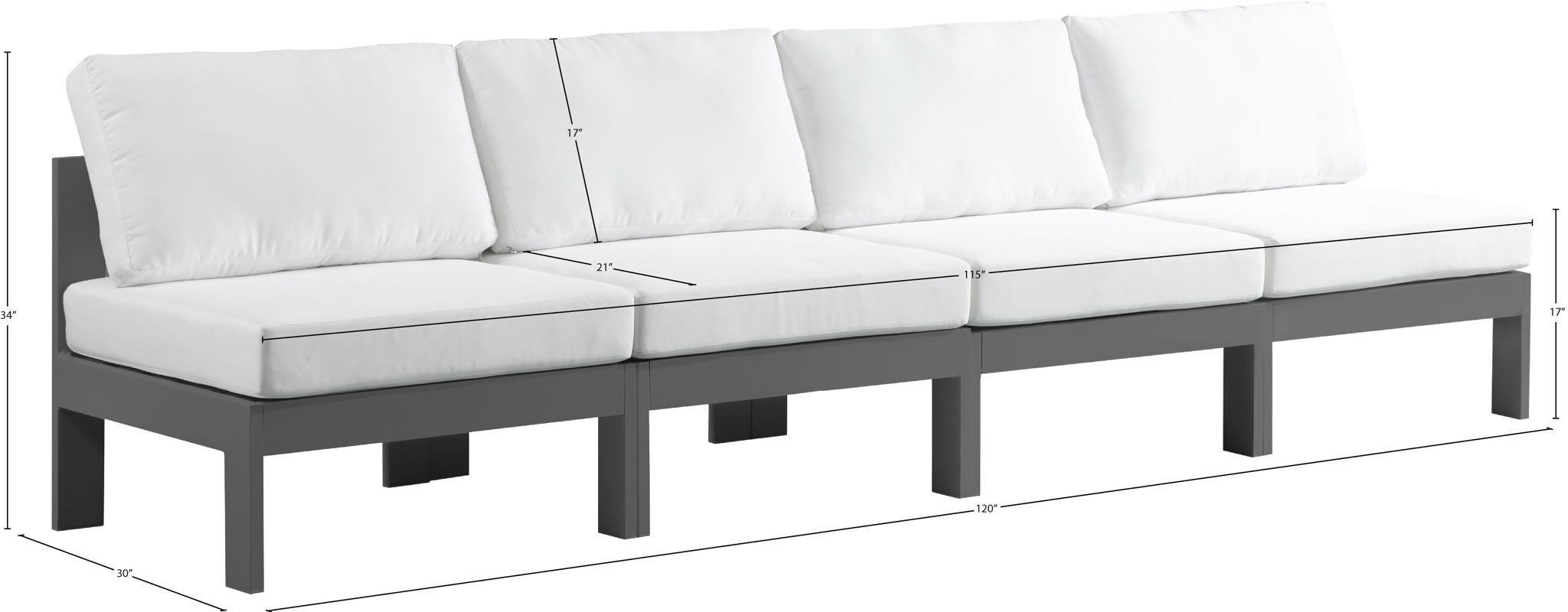 Nizuc - Outdoor Patio 4 Seat Armless Modular Sofa With Gray Frame