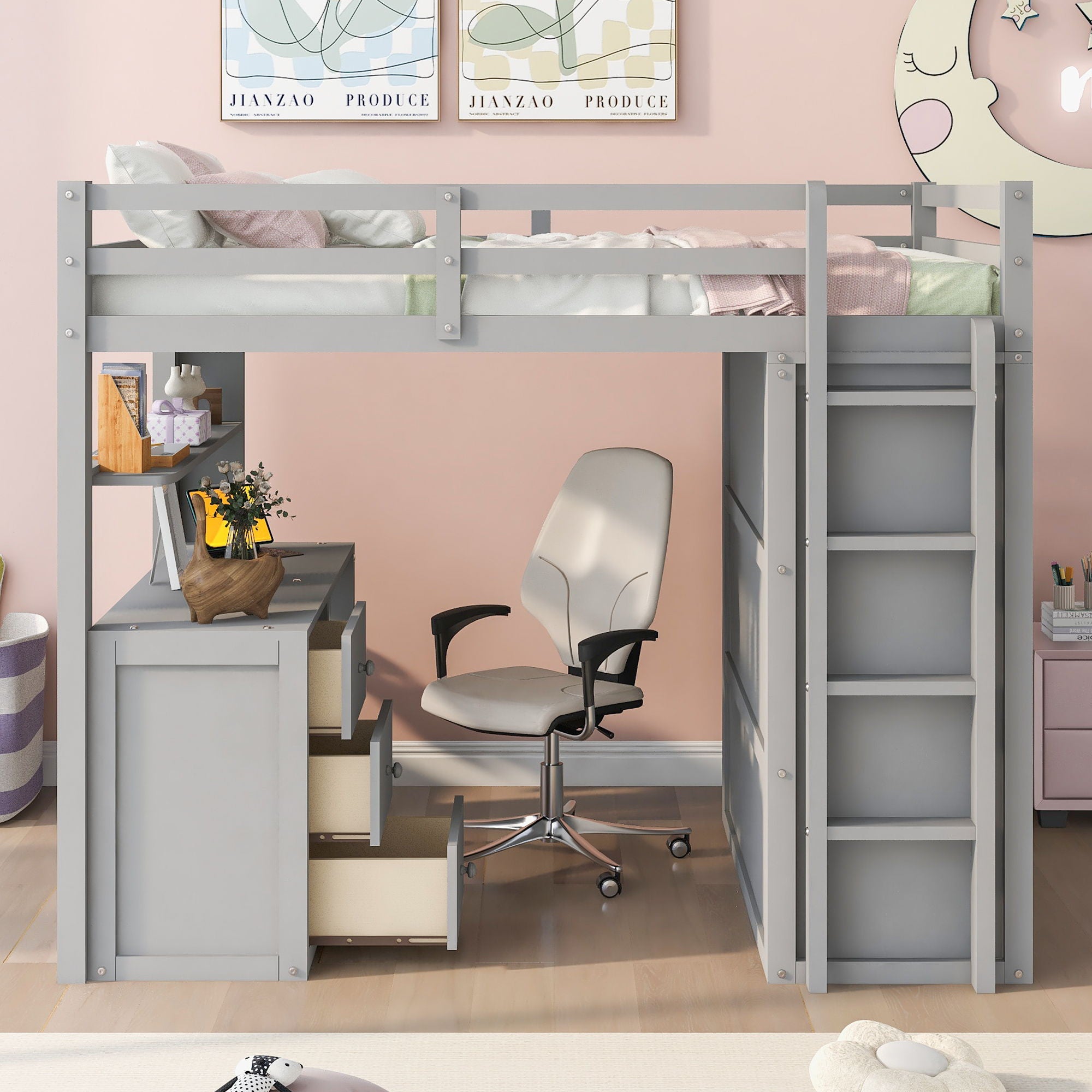 Full Size Loft Bed With Drawers, Desk, And Wardrobe - Gray